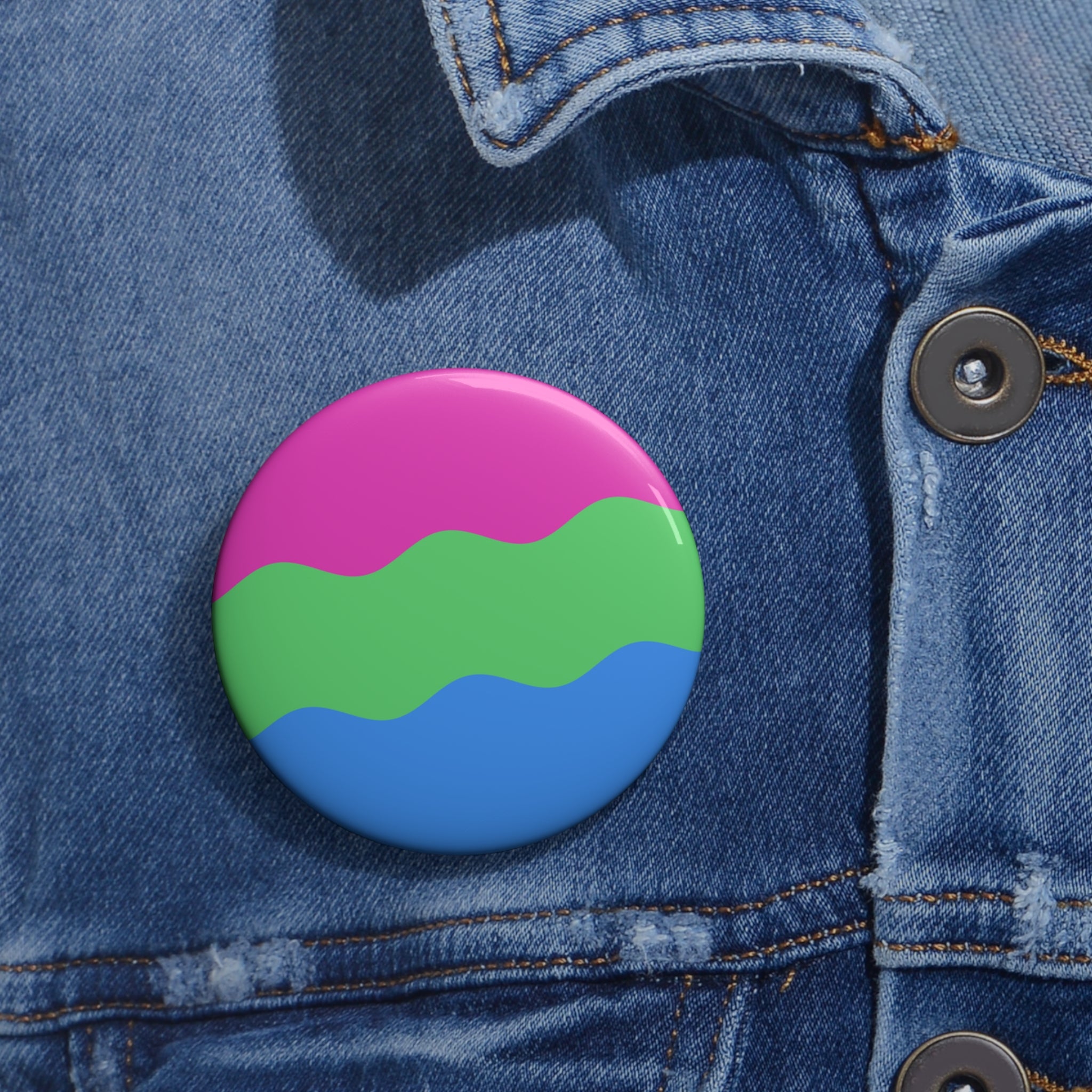 Polysexual Pride Flag Pin: Round Button with Wavey Design