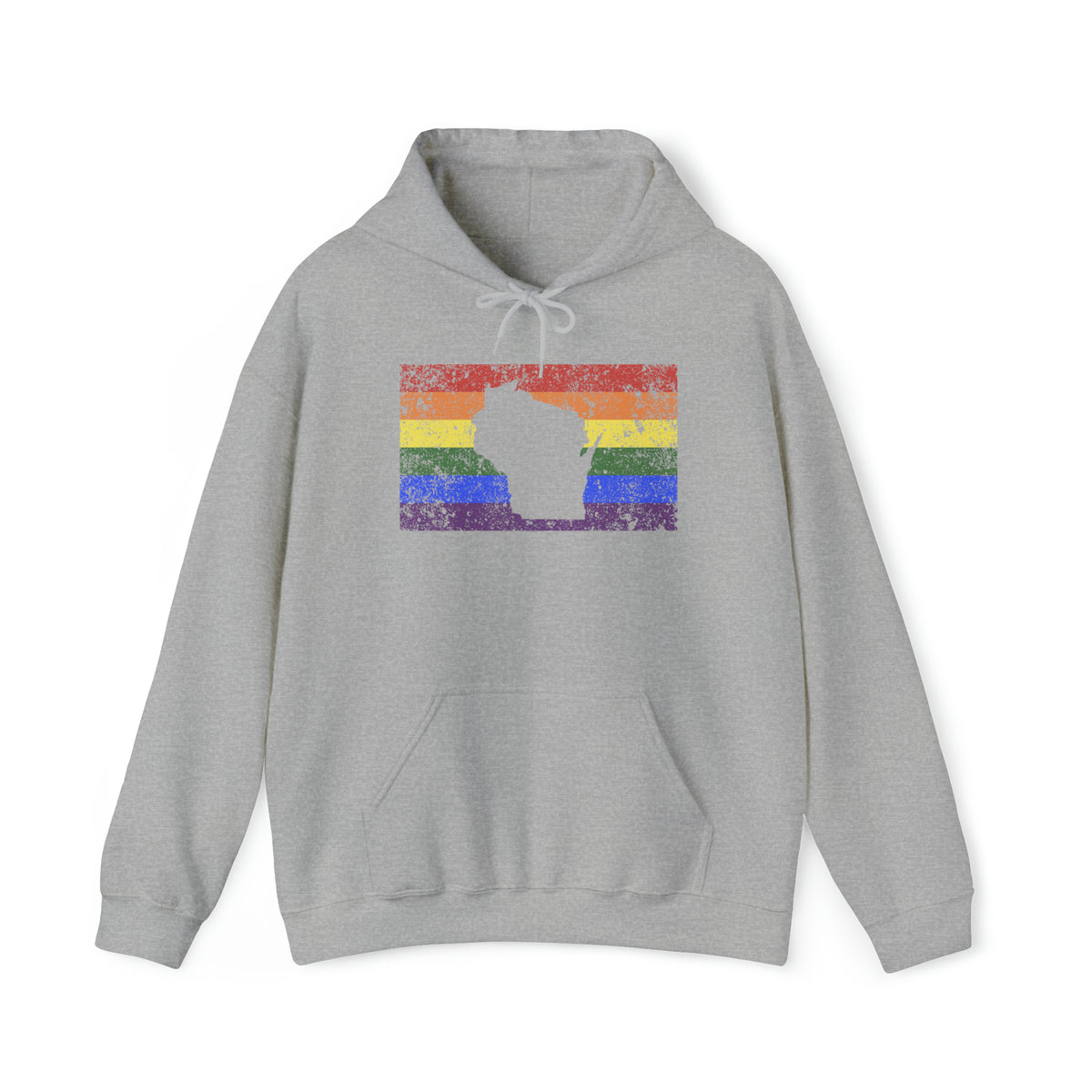 Wisconsin Pride Flag Hoodie: Rainbow LGBTQ+ State Silhouette Distressed Hooded Sweatshirt