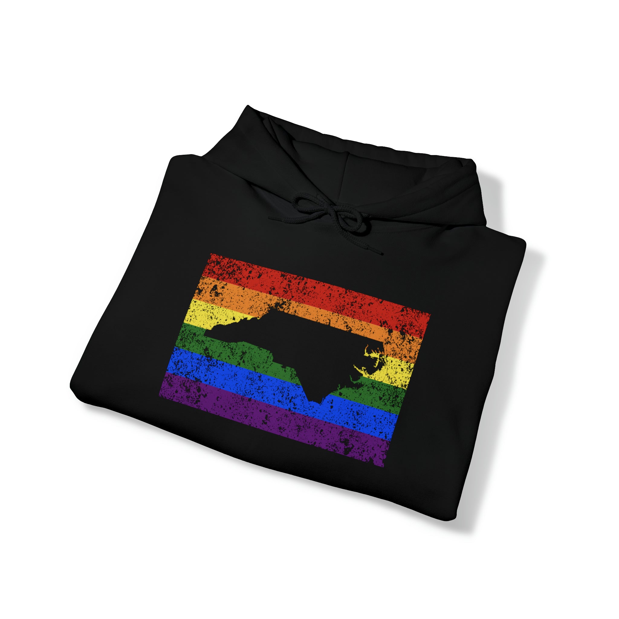 North Carolina Pride Flag Hoodie: Rainbow LGBTQ+ State Silhouette Distressed Hooded Sweatshirt