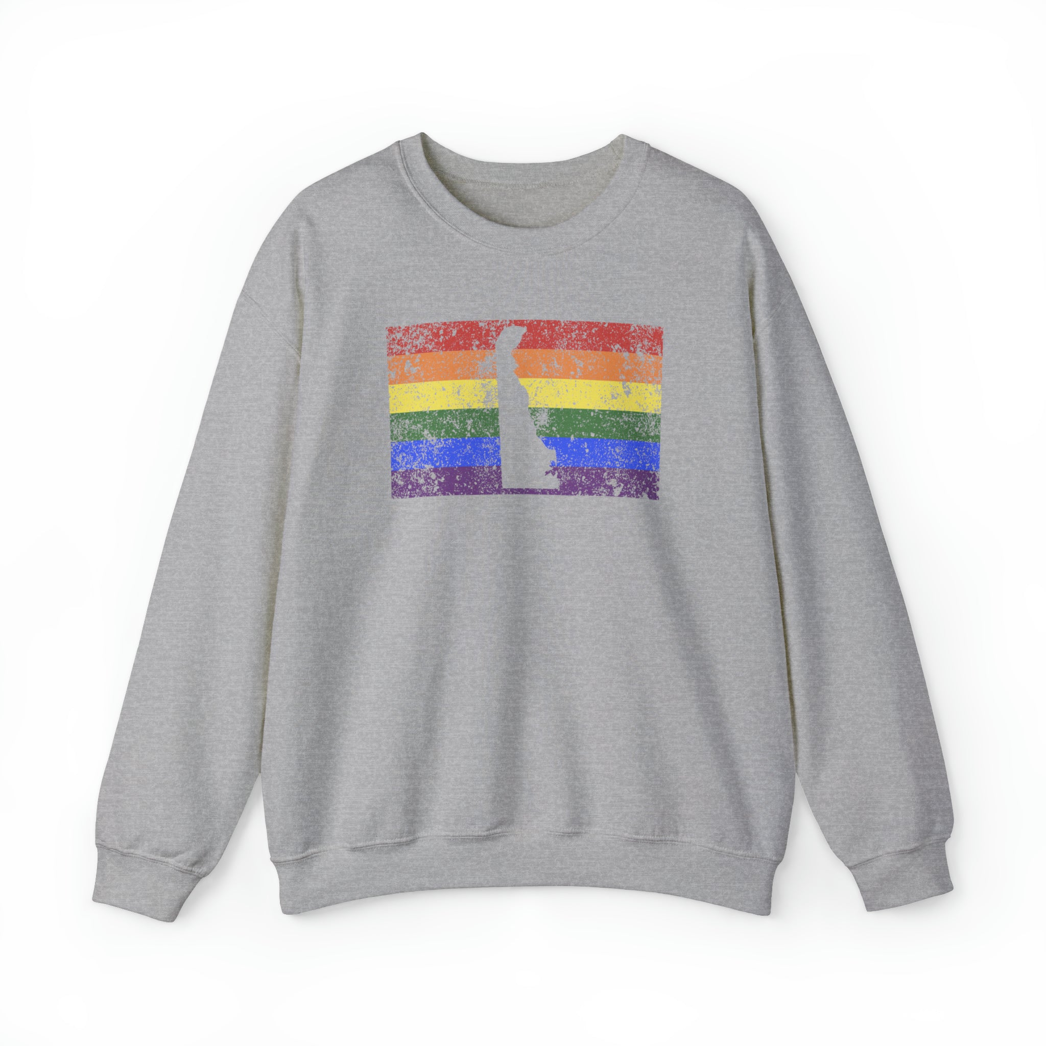 Delaware Pride Flag Sweater: Rainbow LGBTQ+ State Silhouette Distressed Sweatshirt