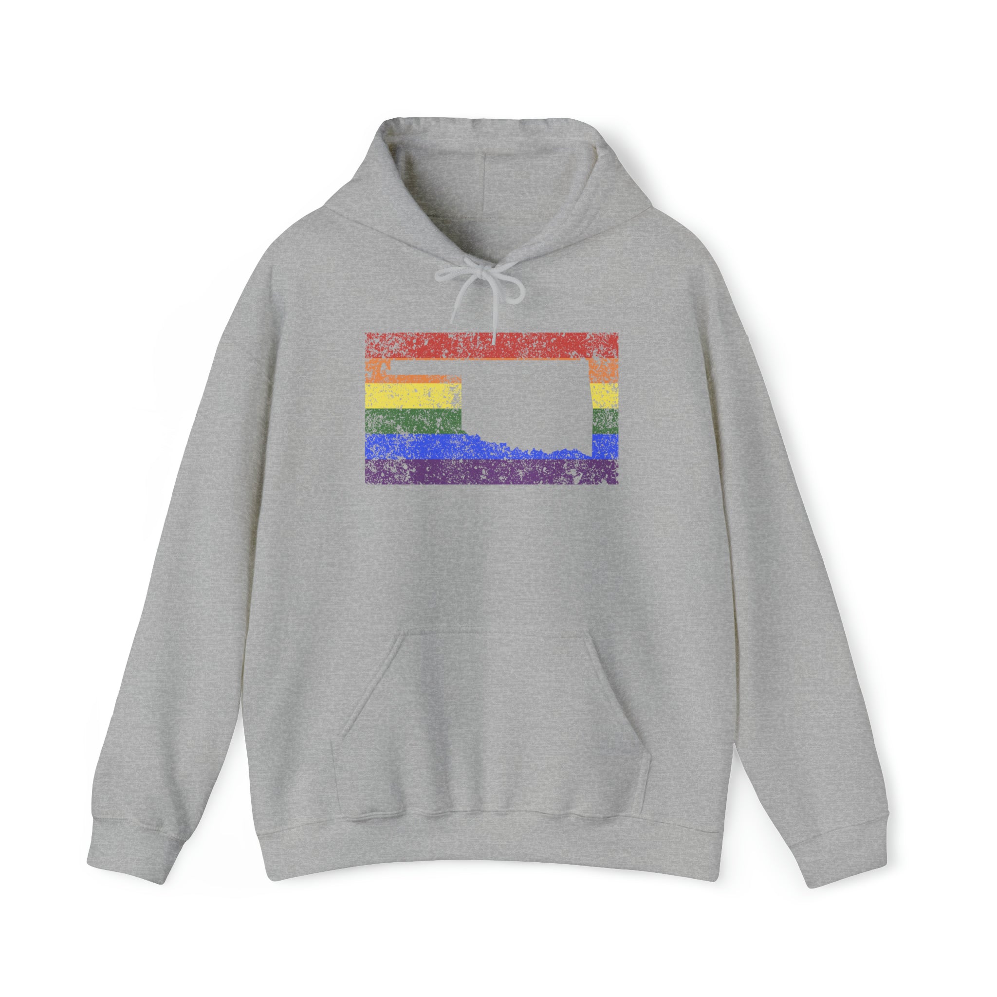 Oklahoma Pride Flag Hoodie: Rainbow LGBTQ+ State Silhouette Distressed Hooded Sweatshirt