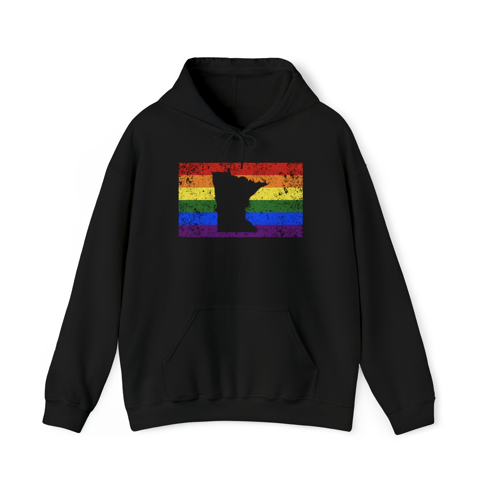 Minnesota Pride Flag Hoodie: Rainbow LGBTQ+ State Silhouette Distressed Hooded Sweatshirt