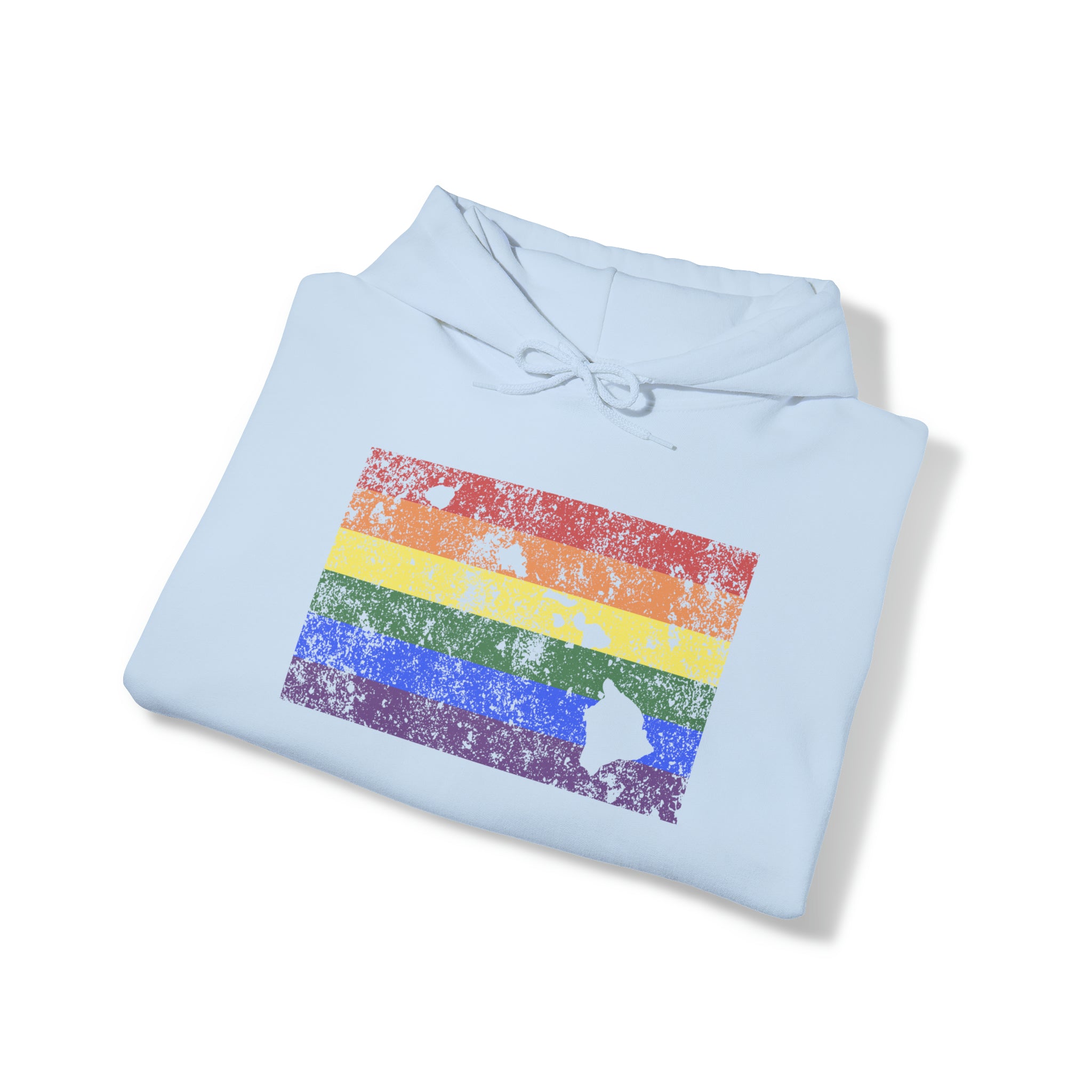 Hawaii Pride Flag Hoodie: Rainbow LGBTQ+ State Silhouette Distressed Hooded Sweatshirt