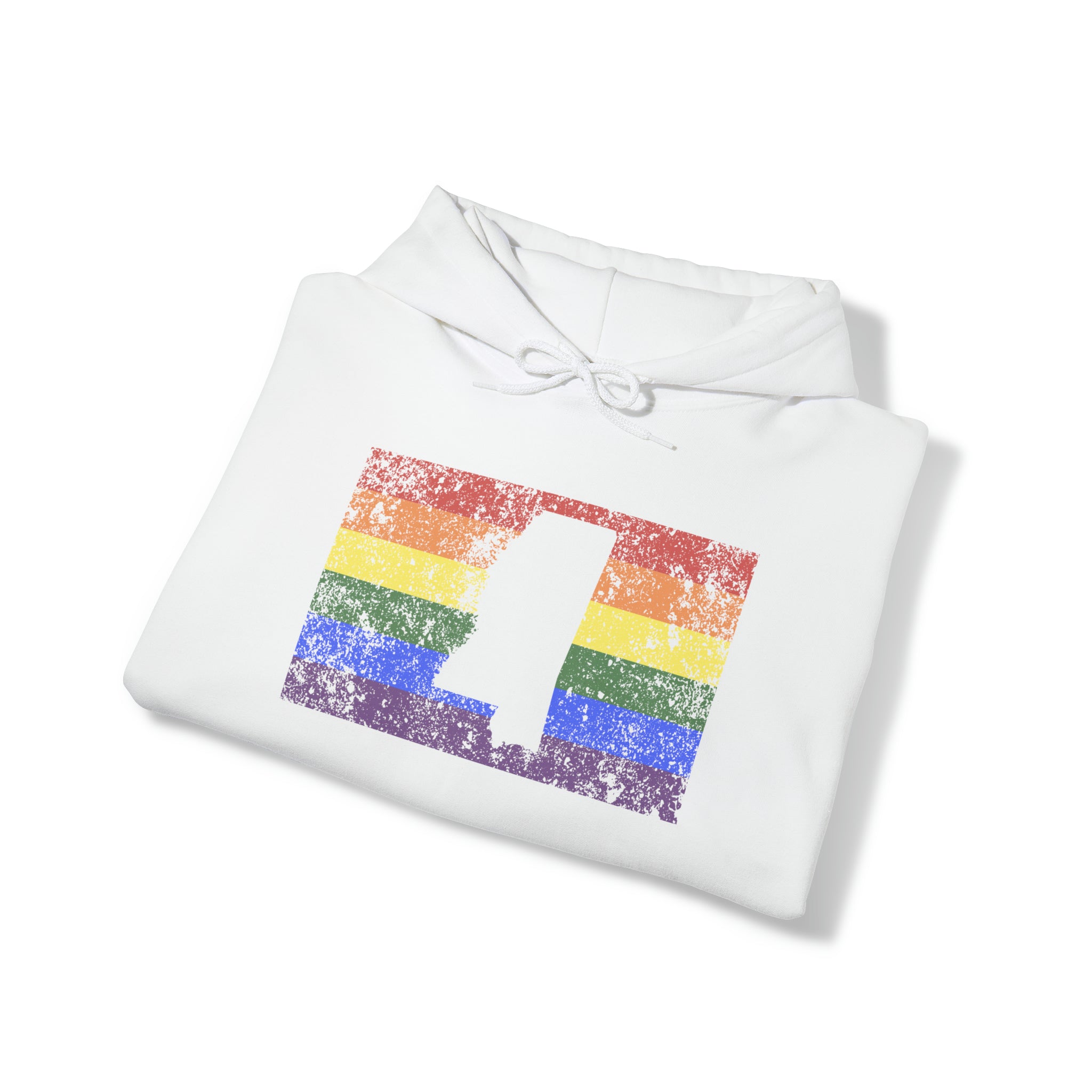 Mississippi Pride Flag Hoodie: Rainbow LGBTQ+ State Silhouette Distressed Hooded Sweatshirt