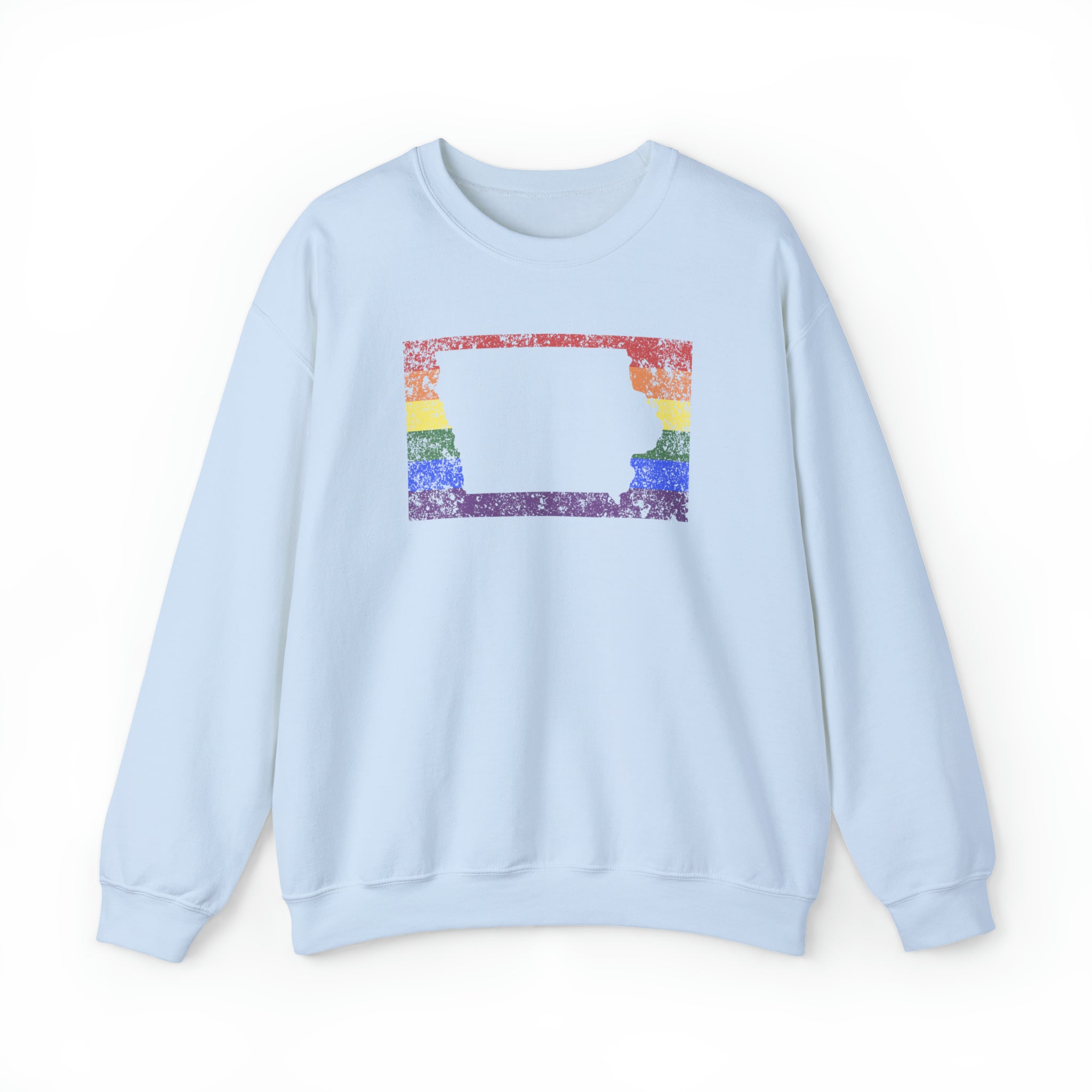 Iowa Pride Flag Sweater: Rainbow LGBTQ+ State Silhouette Distressed Sweatshirt