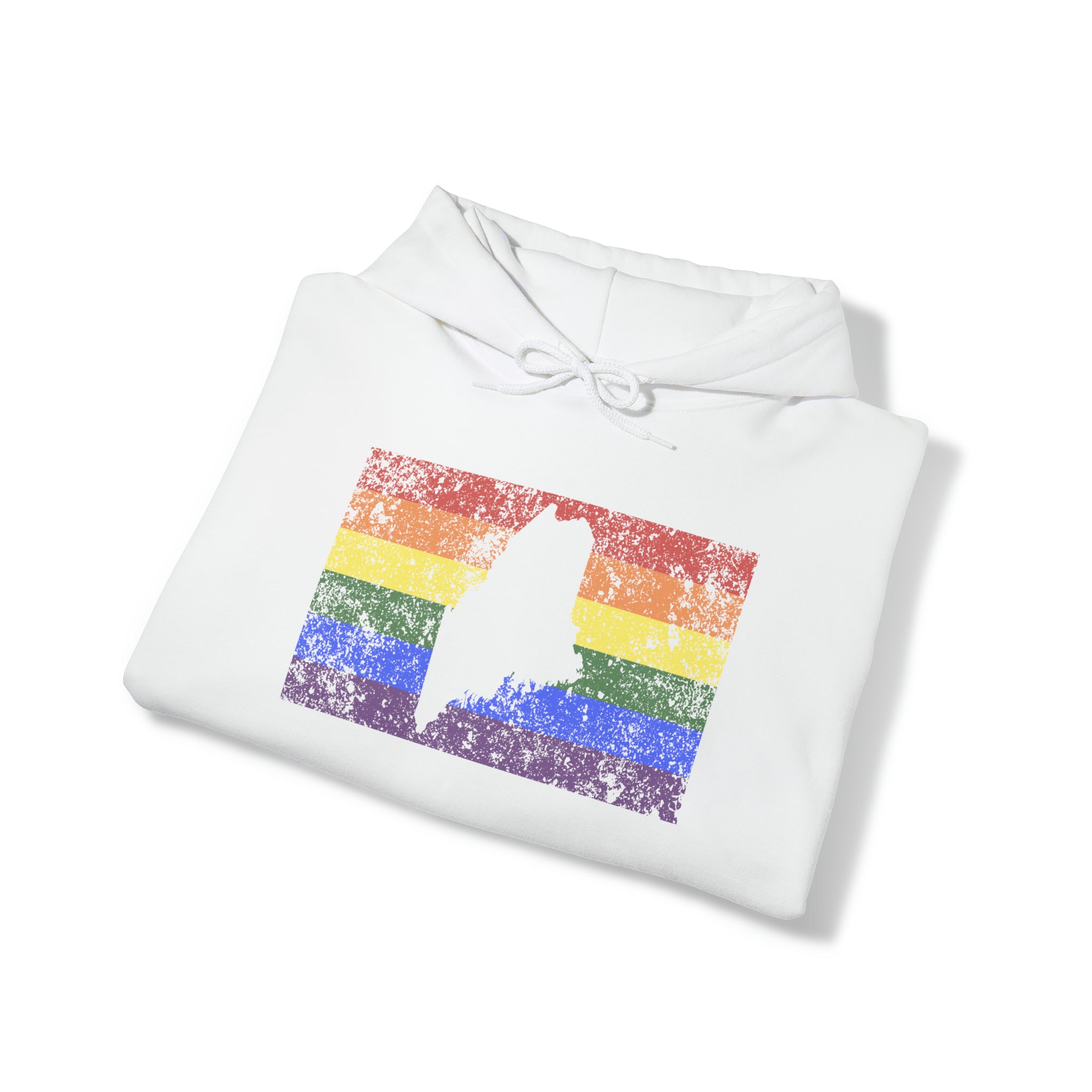 Maine Pride Flag Hoodie: Rainbow LGBTQ+ State Silhouette Distressed Hooded Sweatshirt