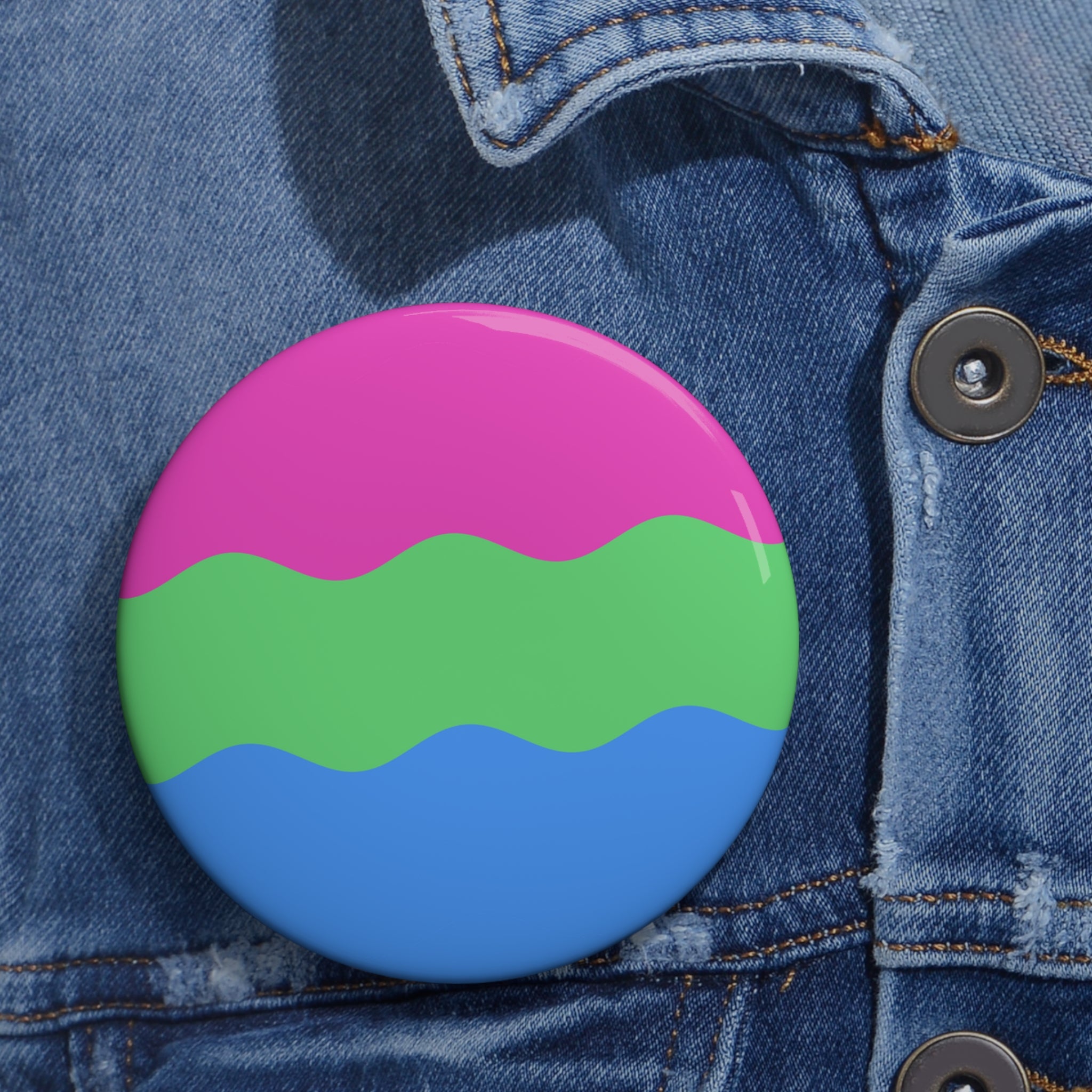 Polysexual Pride Flag Pin: Round Button with Wavey Design