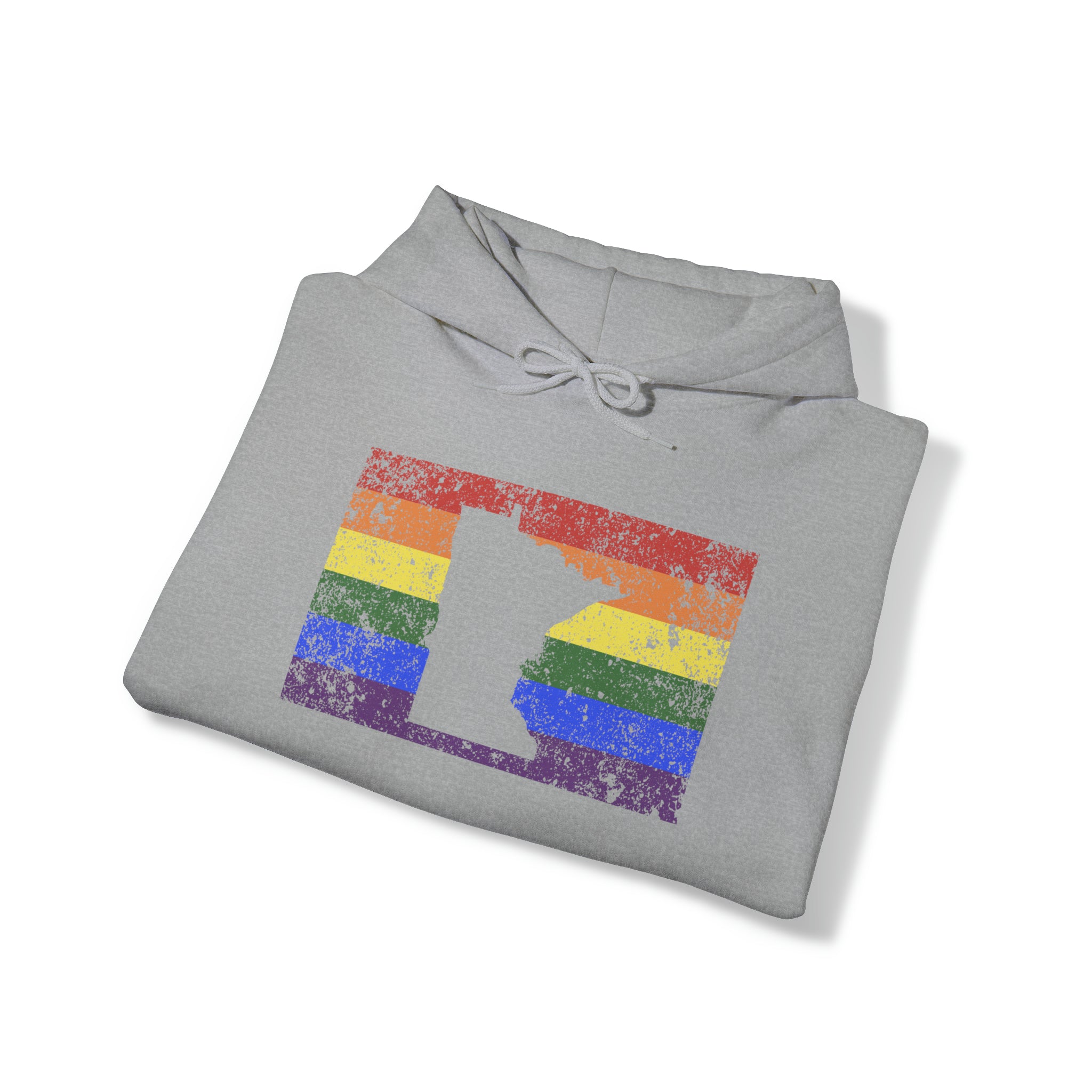 Minnesota Pride Flag Hoodie: Rainbow LGBTQ+ State Silhouette Distressed Hooded Sweatshirt