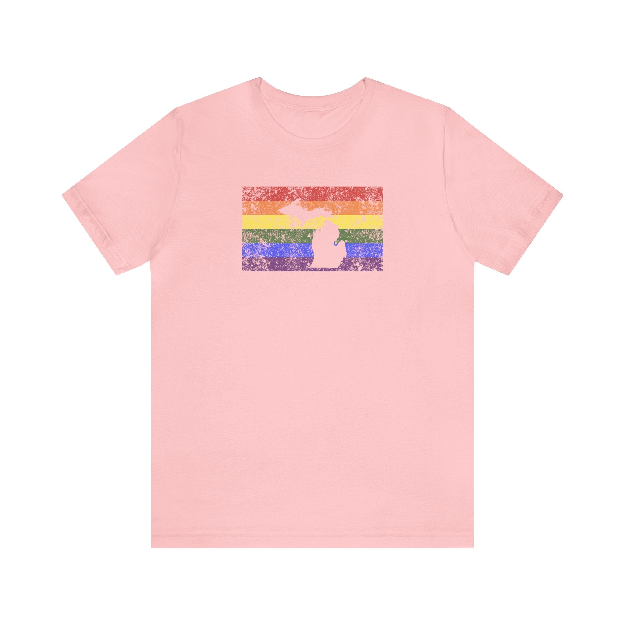 Michigan Pride Flag Tee: Rainbow LGBTQ+ State Silhouette Distressed Shirt