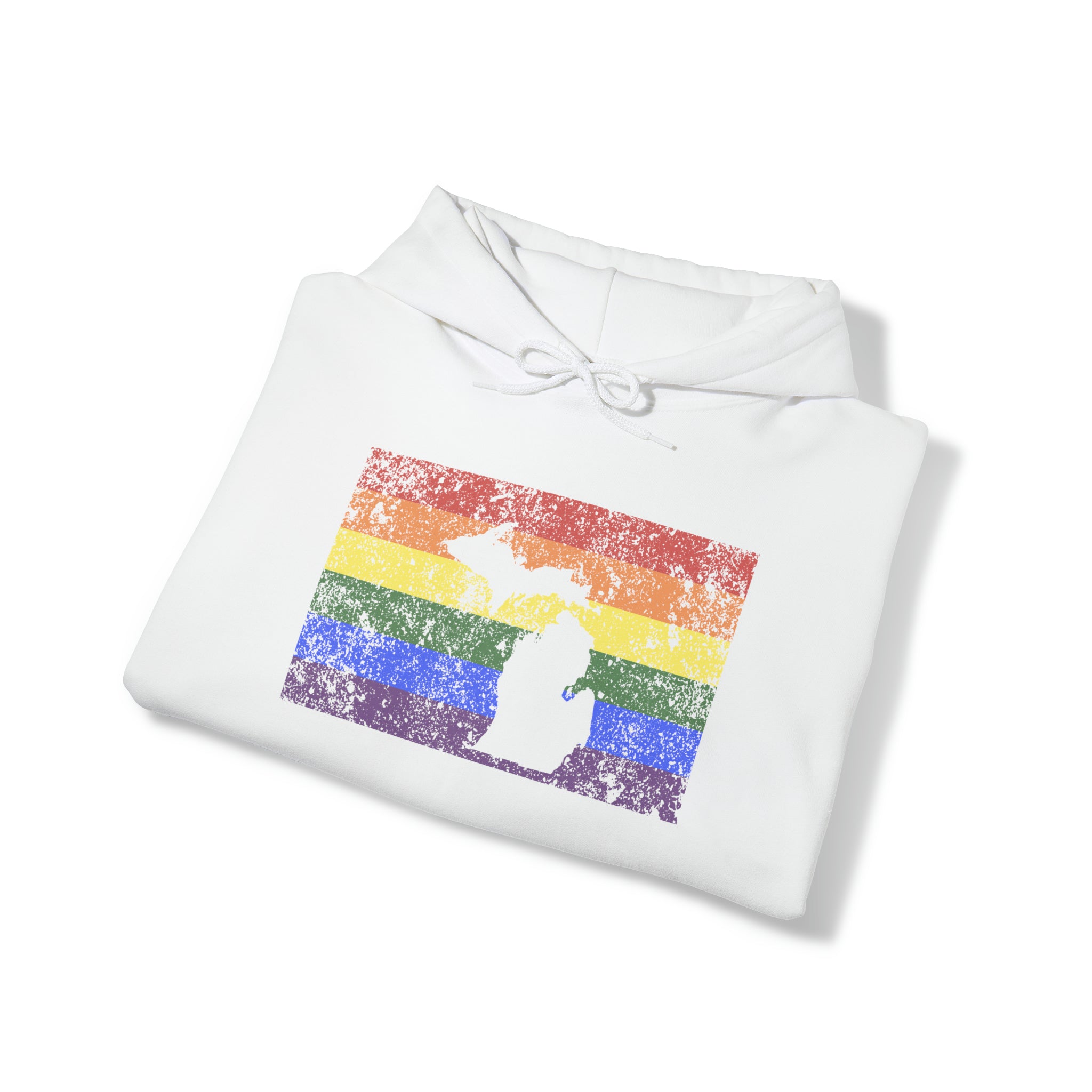 Michigan Pride Flag Hoodie: Rainbow LGBTQ+ State Silhouette Distressed Hooded Sweatshirt