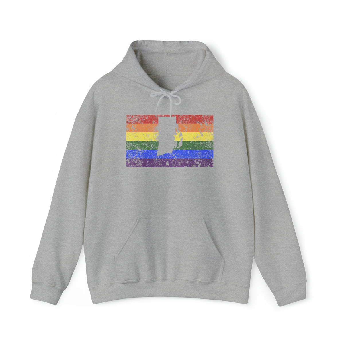 Rhode Island Pride Flag Hoodie: Rainbow LGBTQ+ State Silhouette Distressed Hooded Sweatshirt