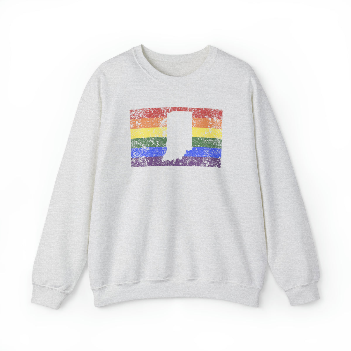Indiana Pride Flag Sweater: Rainbow LGBTQ+ State Silhouette Distressed Sweatshirt