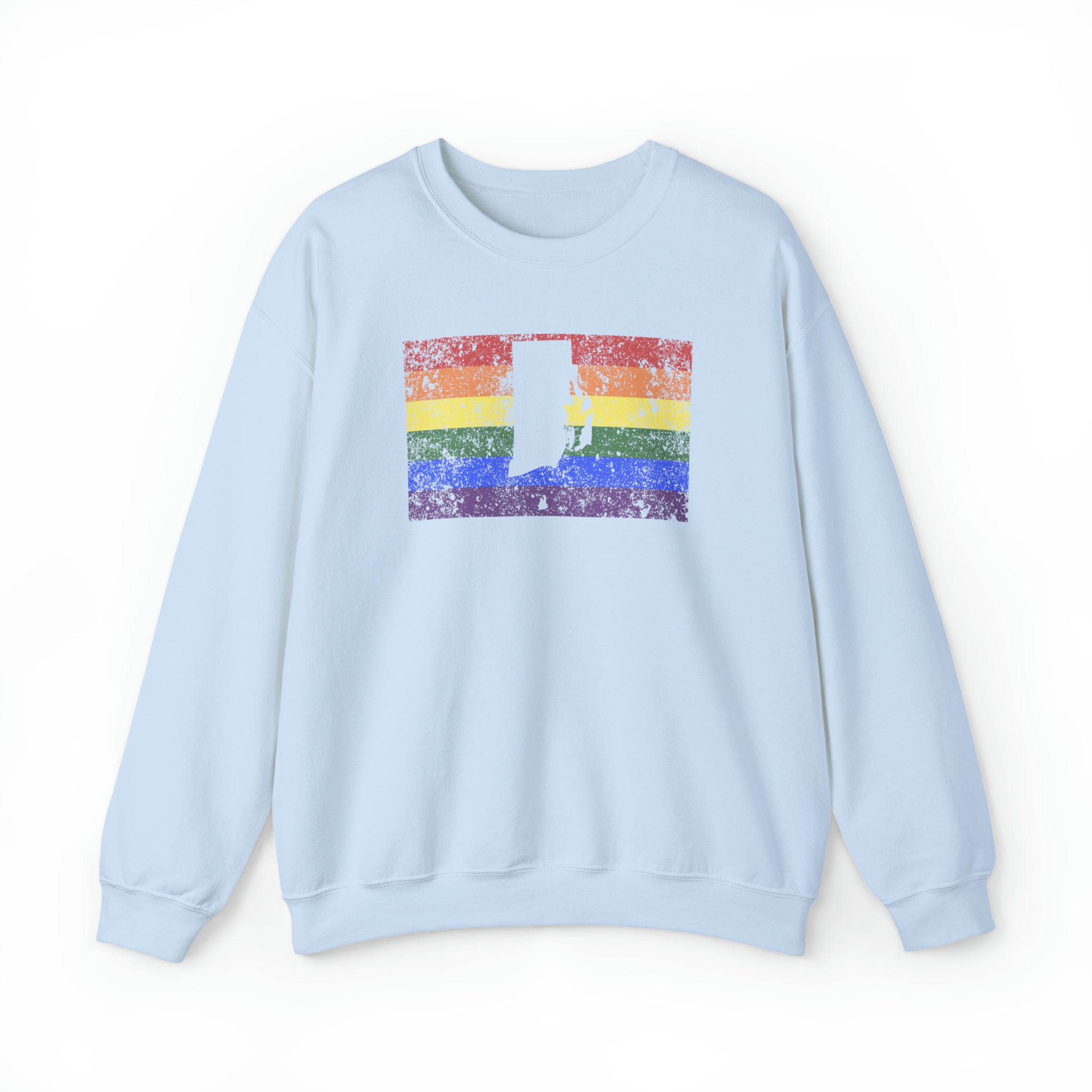 Rhode Island Pride Flag Sweater: Rainbow LGBTQ+ State Silhouette Distressed Sweatshirt