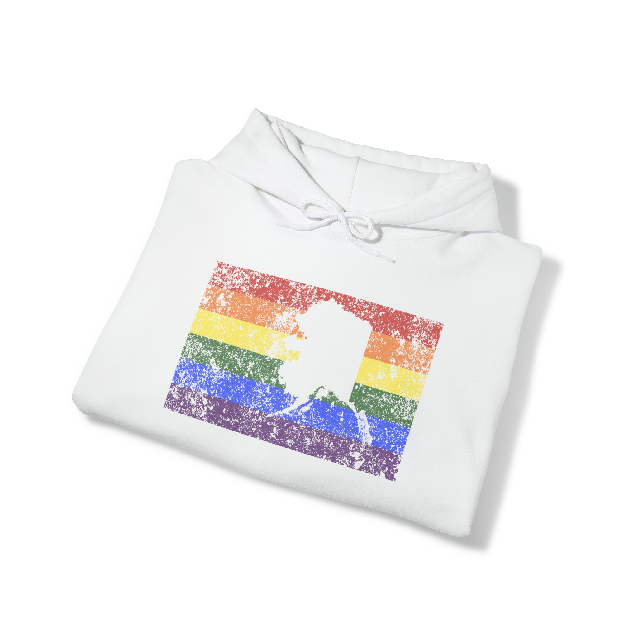 Alaska Pride Flag Hoodie: Rainbow LGBTQ+ State Silhouette Distressed Hooded Sweatshirt