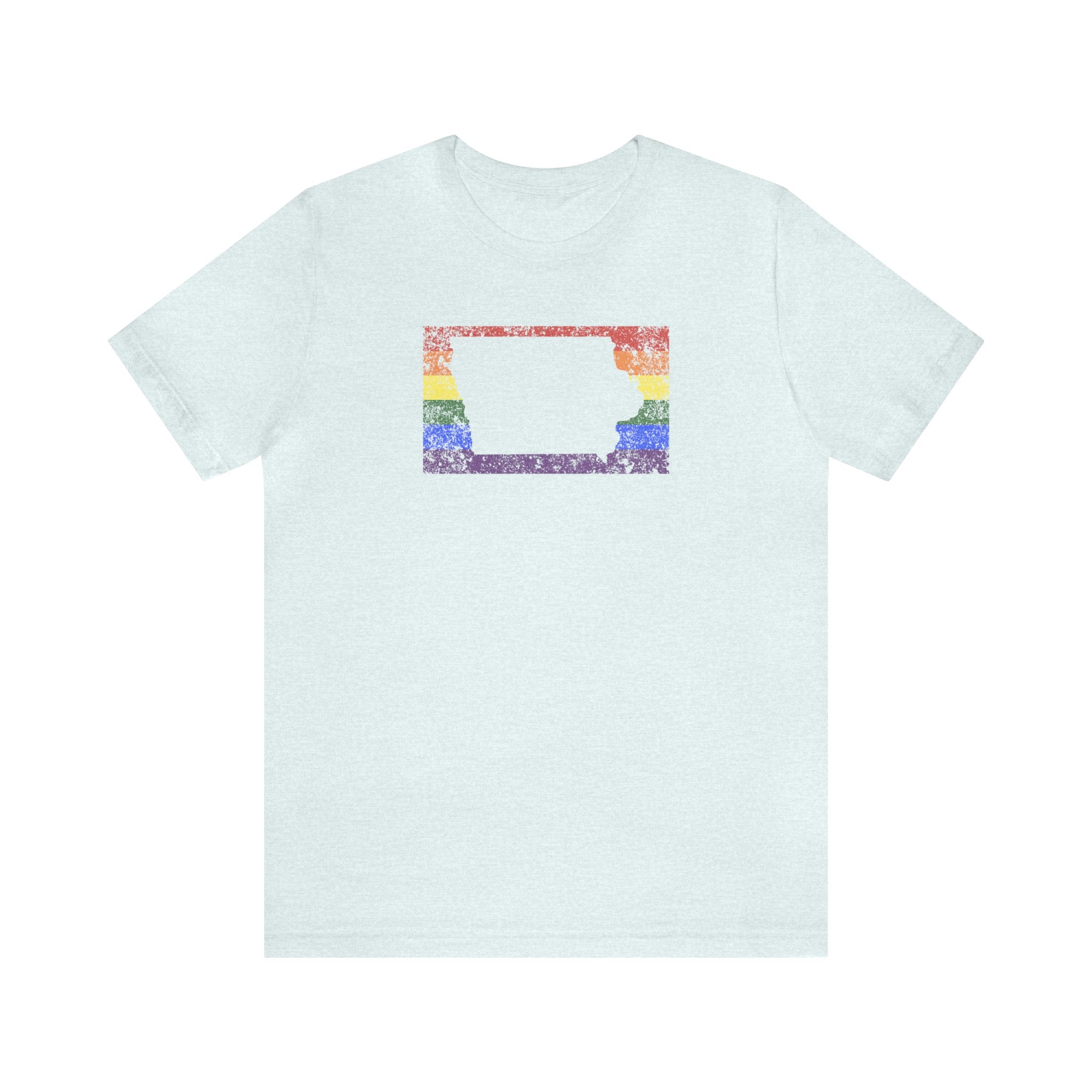 Iowa Pride Flag Tee: Rainbow LGBTQ+ State Silhouette Distressed Shirt