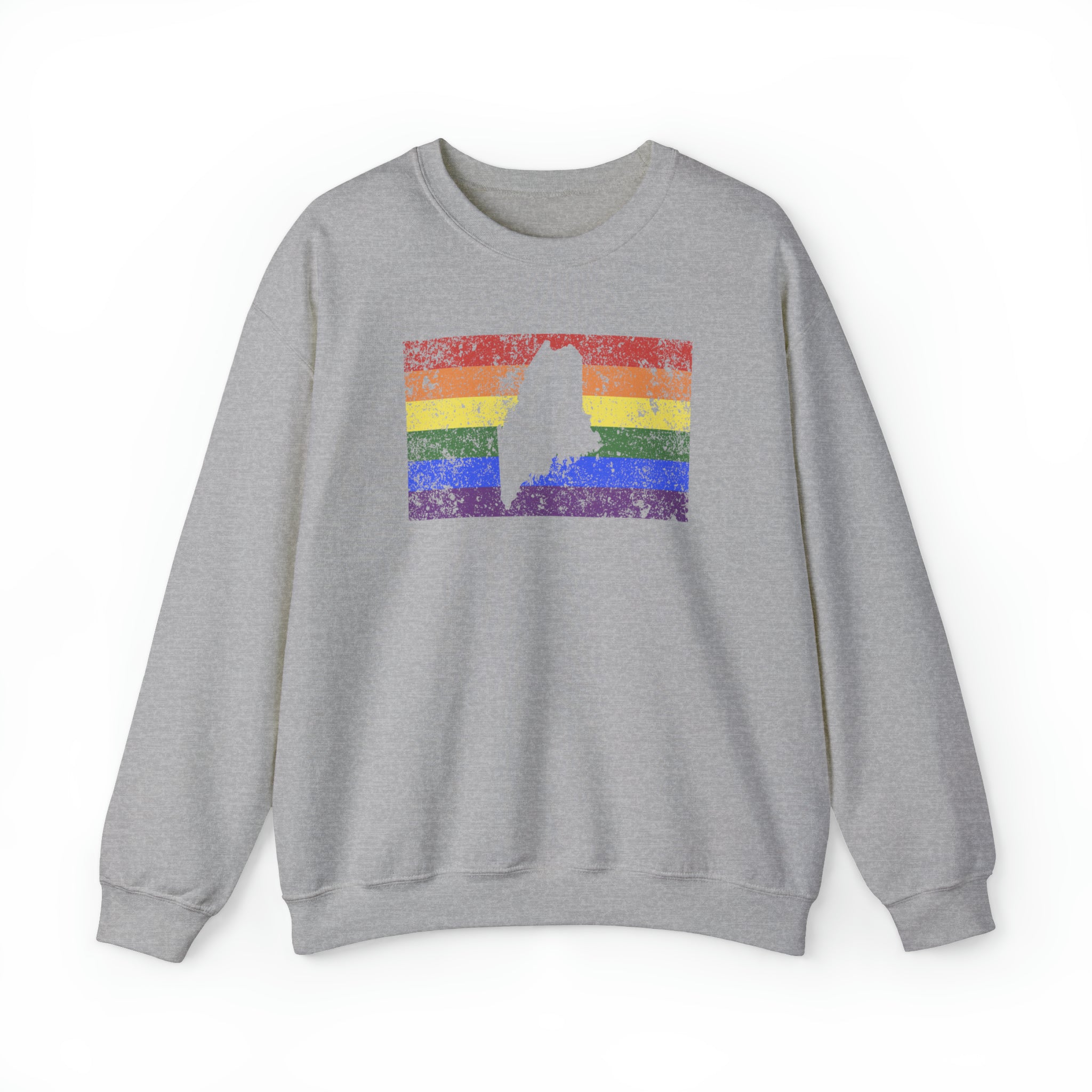 Maine Pride Flag Sweater: Rainbow LGBTQ+ State Silhouette Distressed Sweatshirt