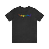 Michigan Pride T-Shirt: Flowing Cursive Design with LGBTQ+ Gradient