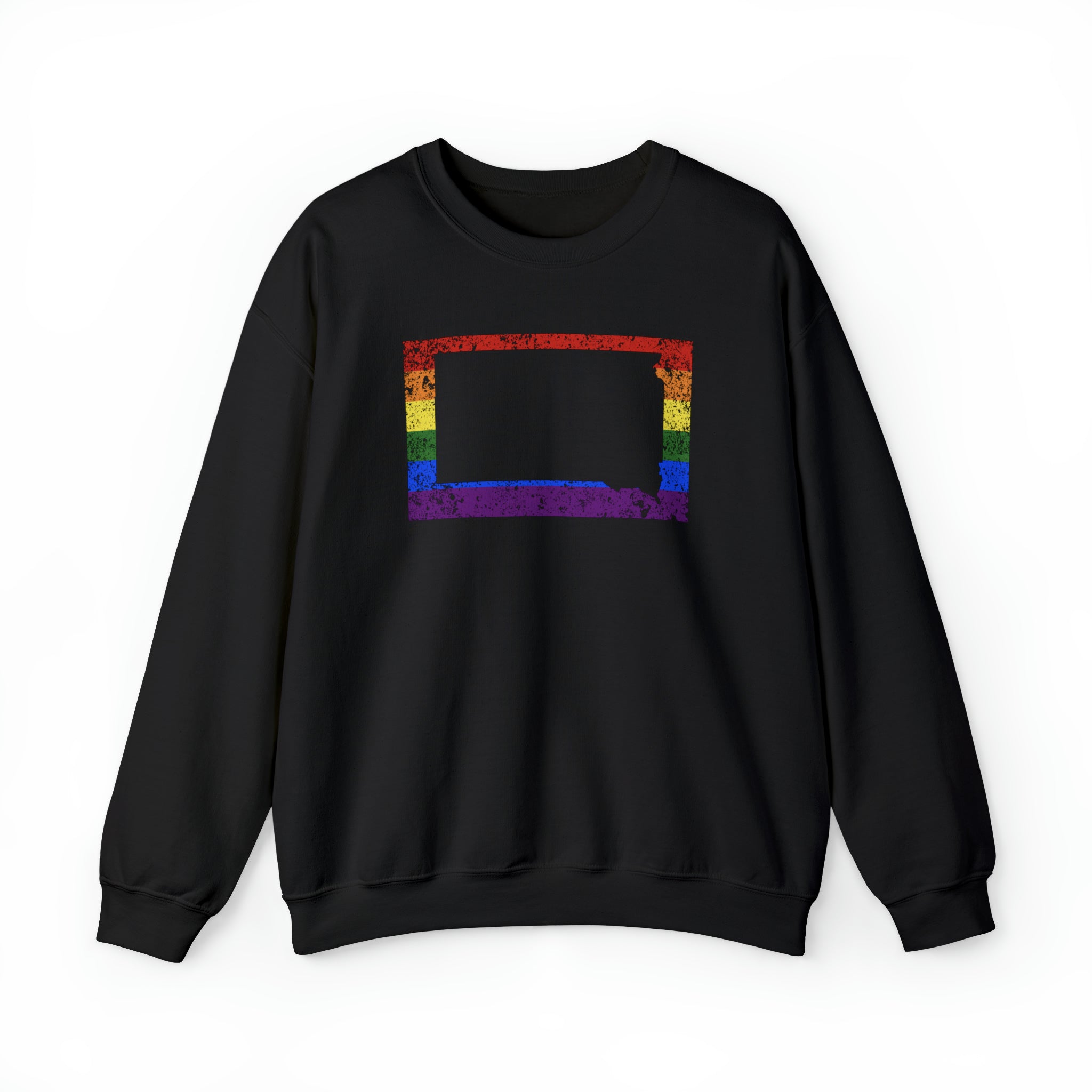 South Dakota Pride Flag Sweater: Rainbow LGBTQ+ State Silhouette Distressed Sweatshirt