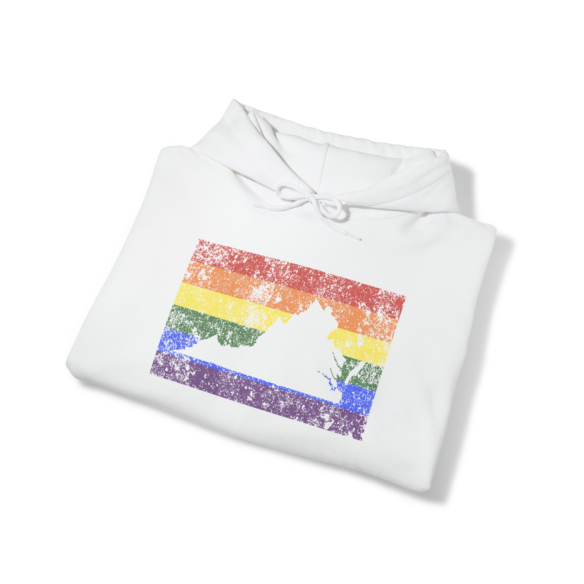 Virginia Pride Flag Hoodie: Rainbow LGBTQ+ State Silhouette Distressed Hooded Sweatshirt