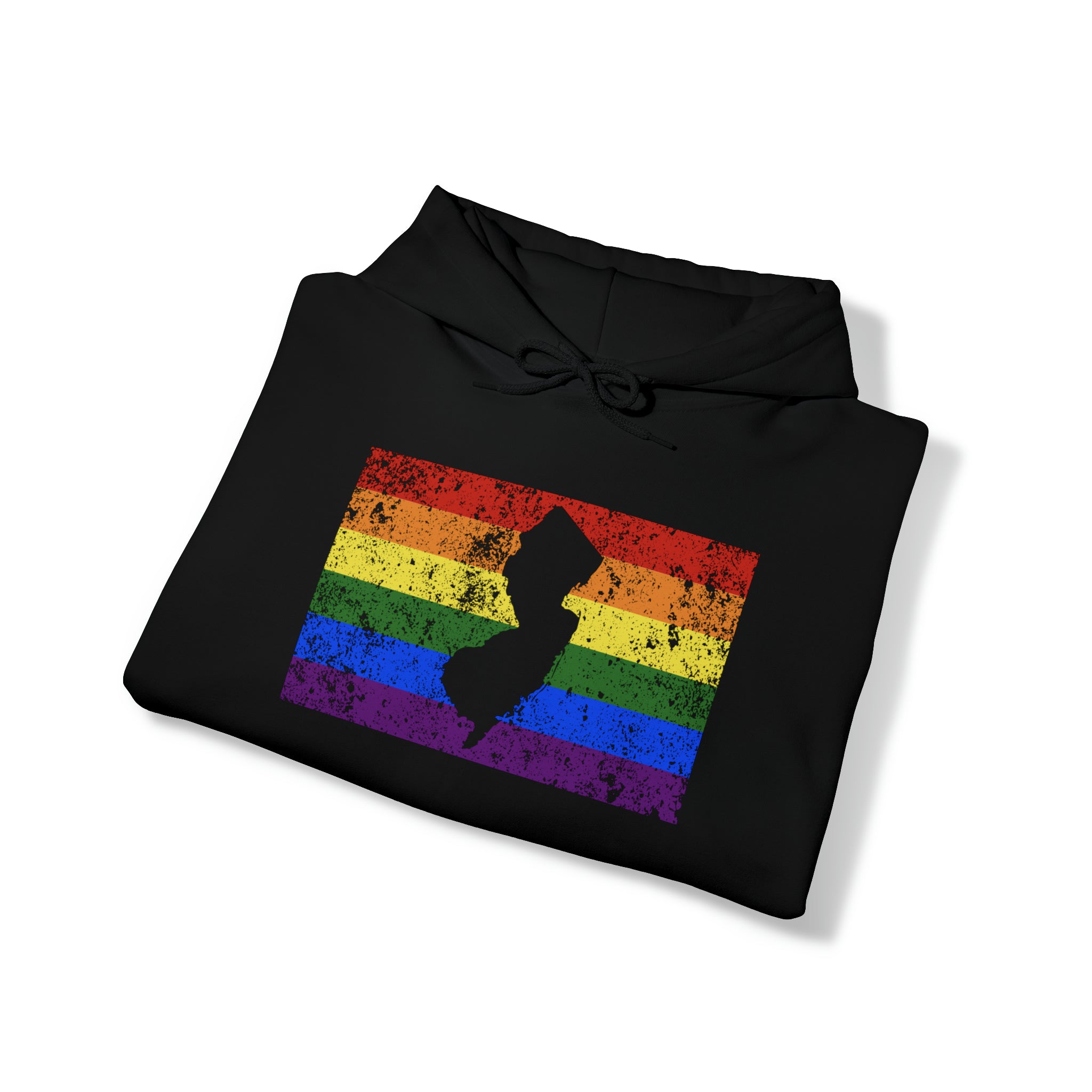 New Jersey Pride Flag Hoodie: Rainbow LGBTQ+ State Silhouette Distressed Hooded Sweatshirt
