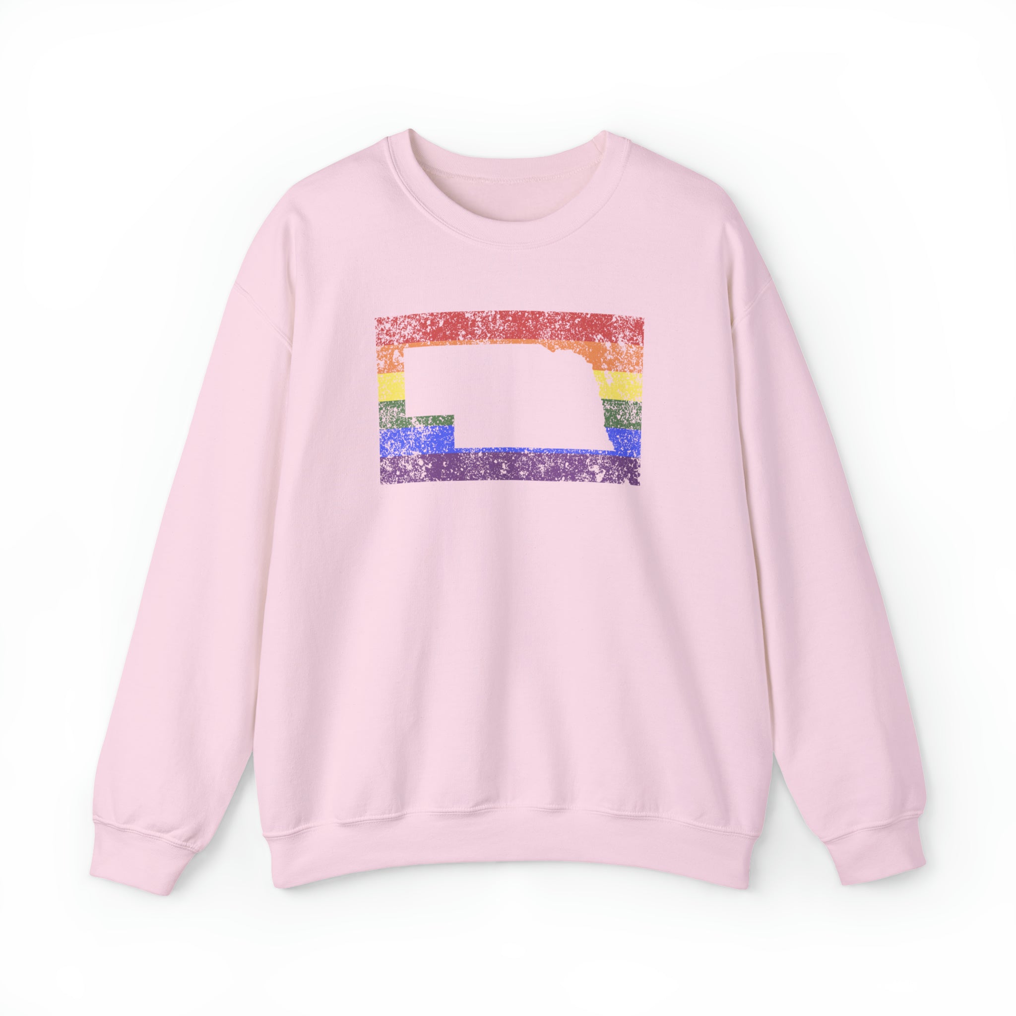 Nebraska Pride Flag Sweater: Rainbow LGBTQ+ State Silhouette Distressed Sweatshirt