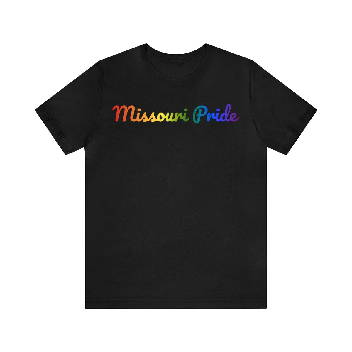 Missouri Pride T-Shirt: Flowing Cursive Design with LGBTQ+ Gradient