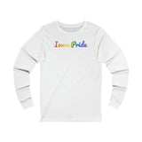 Iowa Pride Long Sleeve Tee: Flowing Cursive Design with LGBTQ+ Gradient