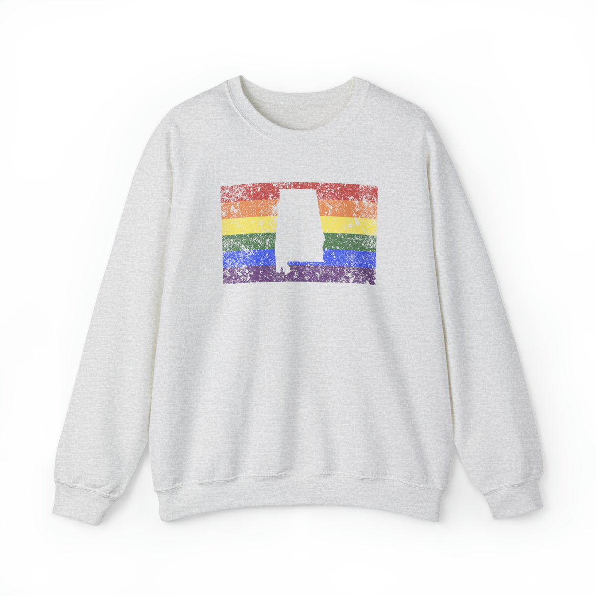 Alabama Pride Flag Sweater: Rainbow LGBTQ+ State Silhouette Distressed Sweatshirt