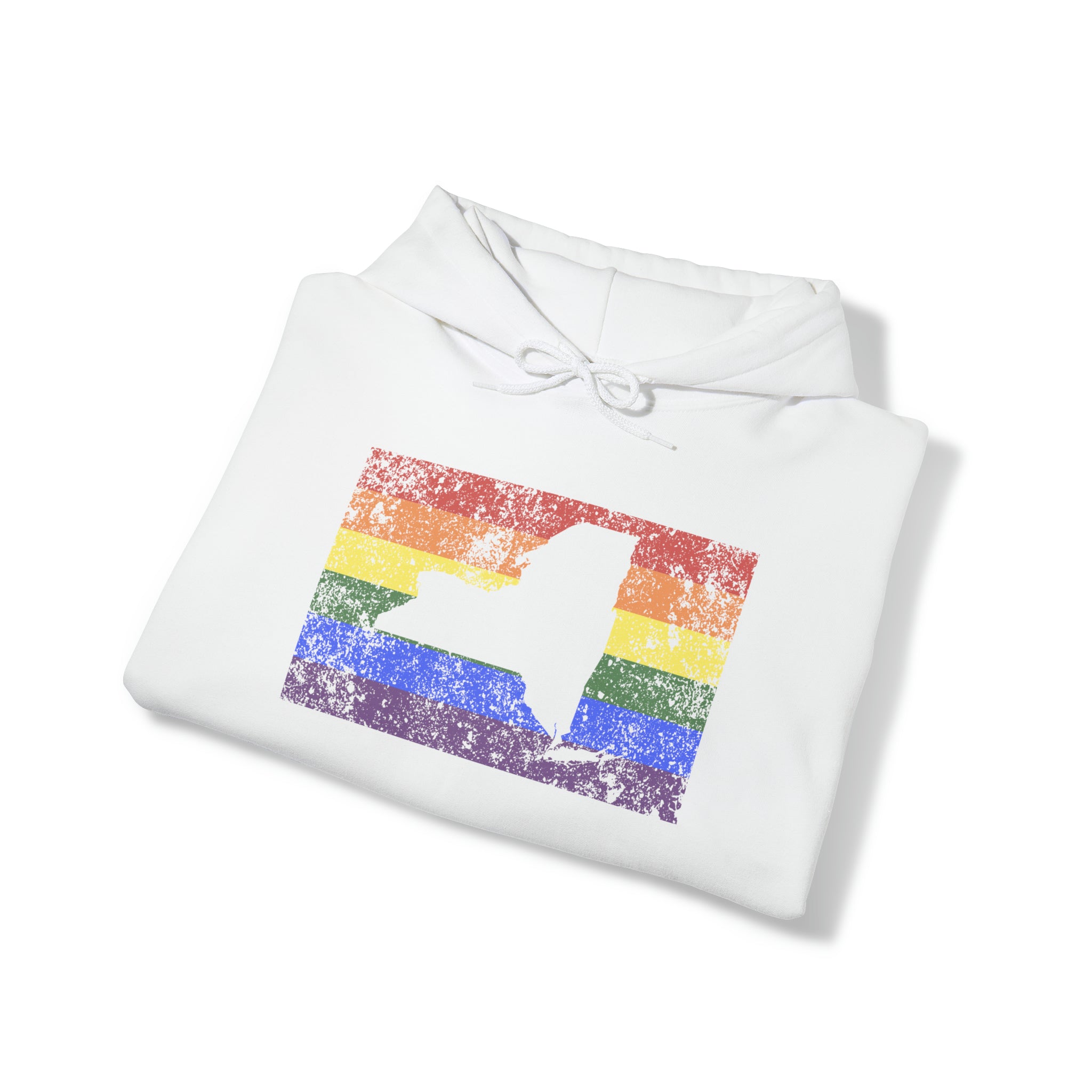 New York Pride Flag Hoodie: Rainbow LGBTQ+ State Silhouette Distressed Hooded Sweatshirt