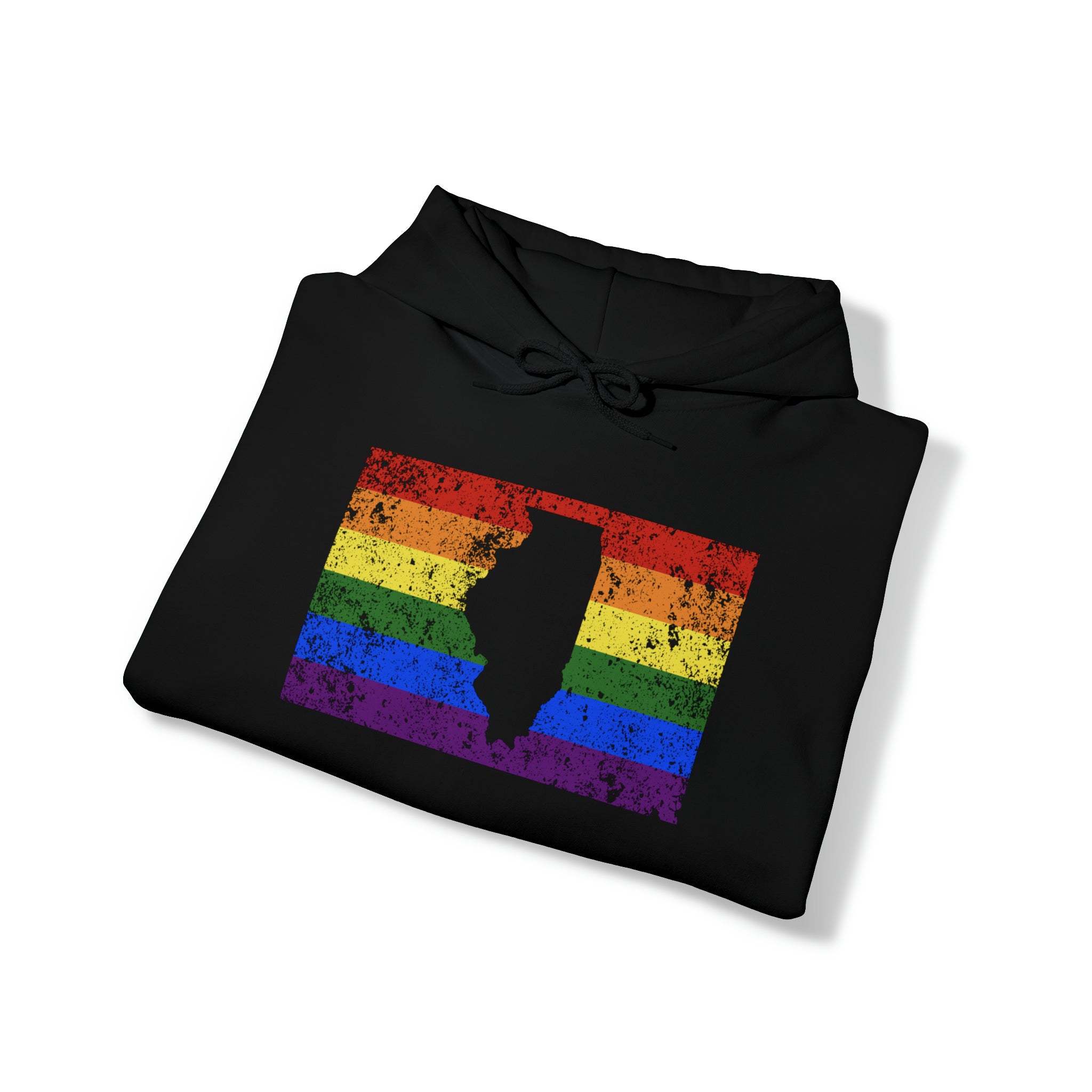 Illinois Pride Flag Hoodie: Rainbow LGBTQ+ State Silhouette Distressed Hooded Sweatshirt