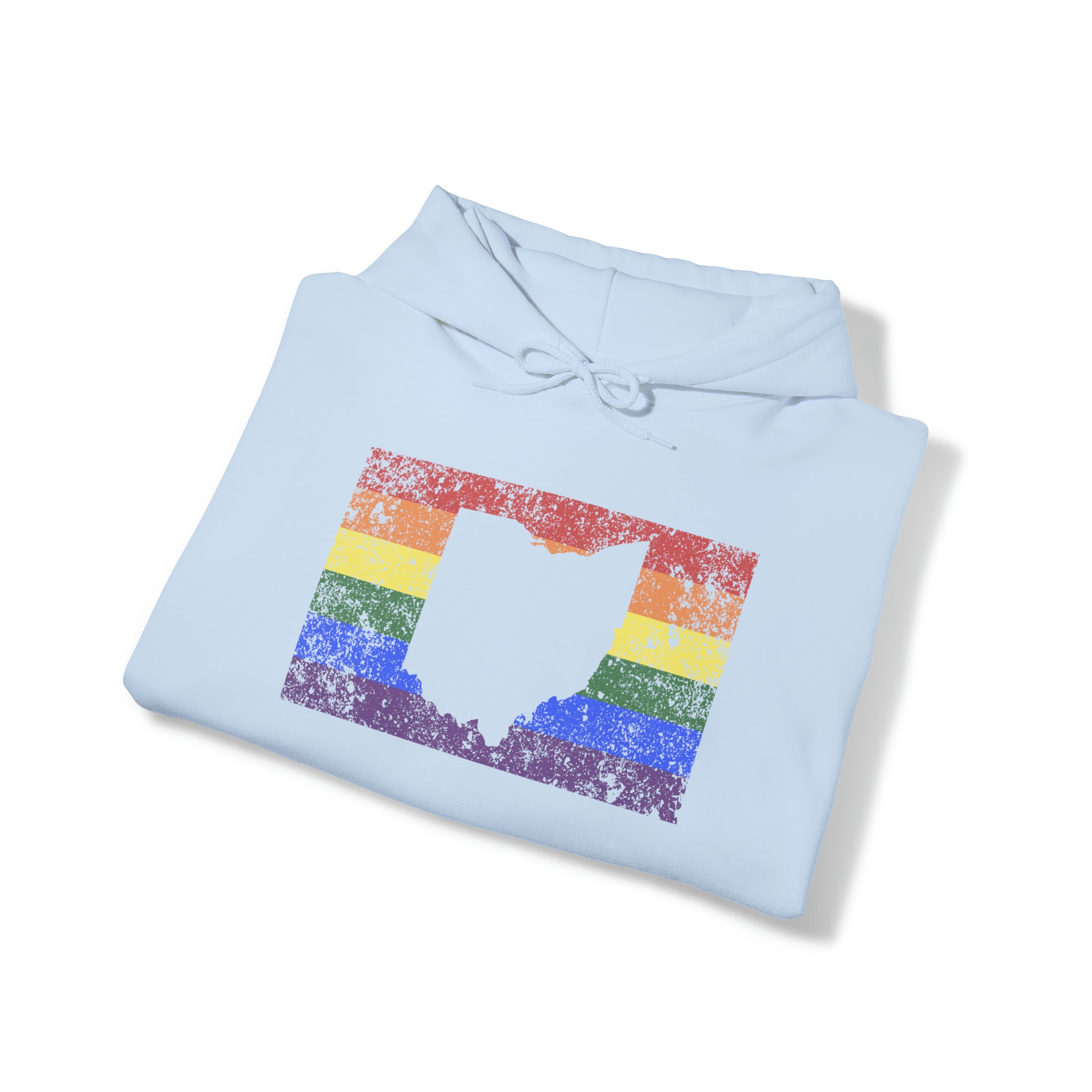 Ohio Pride Flag Hoodie: Rainbow LGBTQ+ State Silhouette Distressed Hooded Sweatshirt