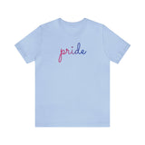 Bisexual Pride T-Shirt: Flowing Cursive 'Pride' in Gradient Hues