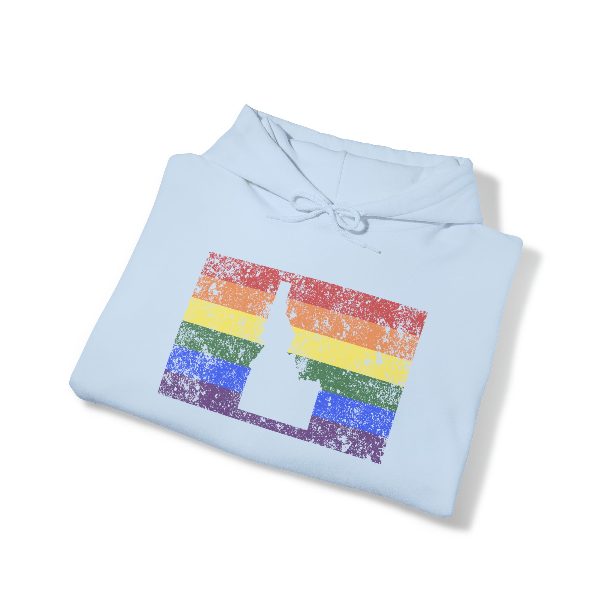 Idaho Pride Flag Hoodie: Rainbow LGBTQ+ State Silhouette Distressed Hooded Sweatshirt