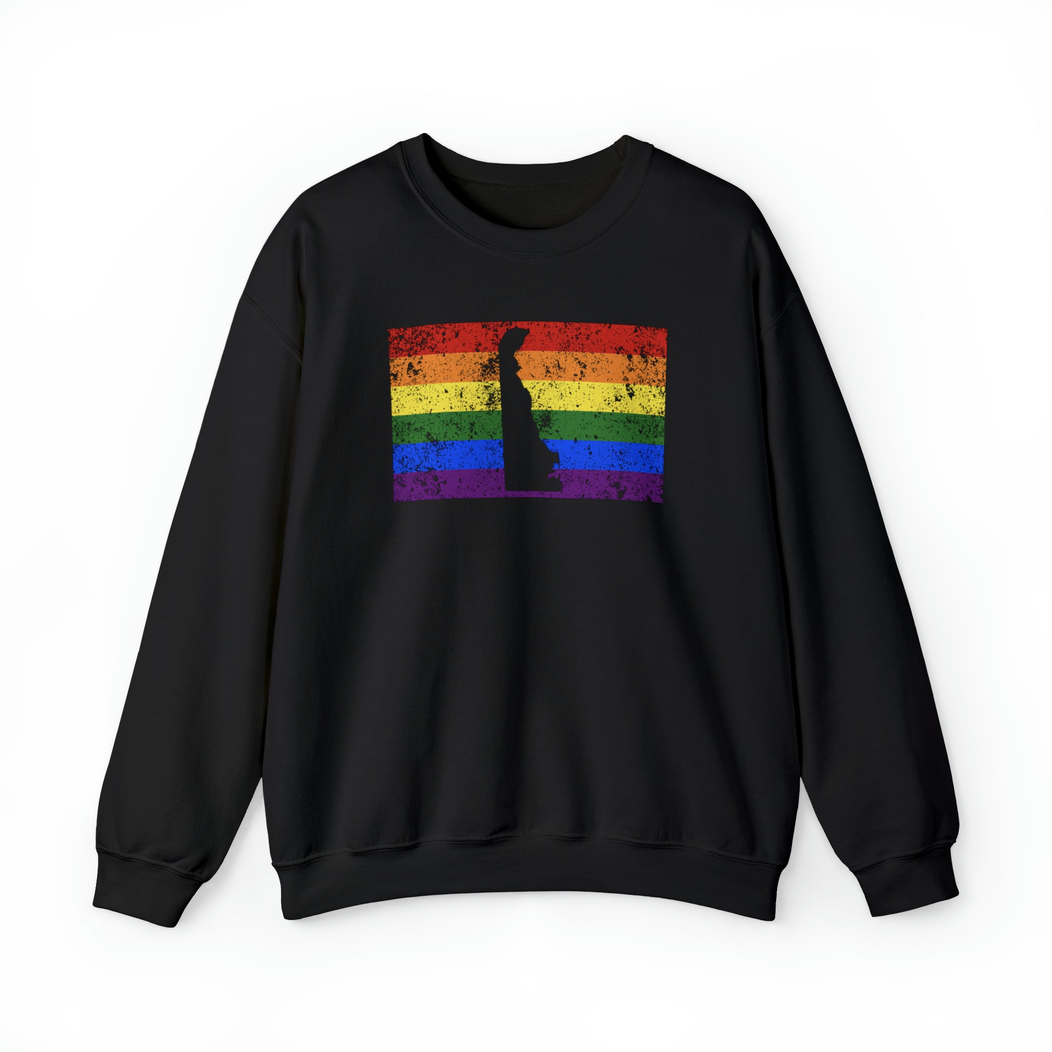Delaware Pride Flag Sweater: Rainbow LGBTQ+ State Silhouette Distressed Sweatshirt