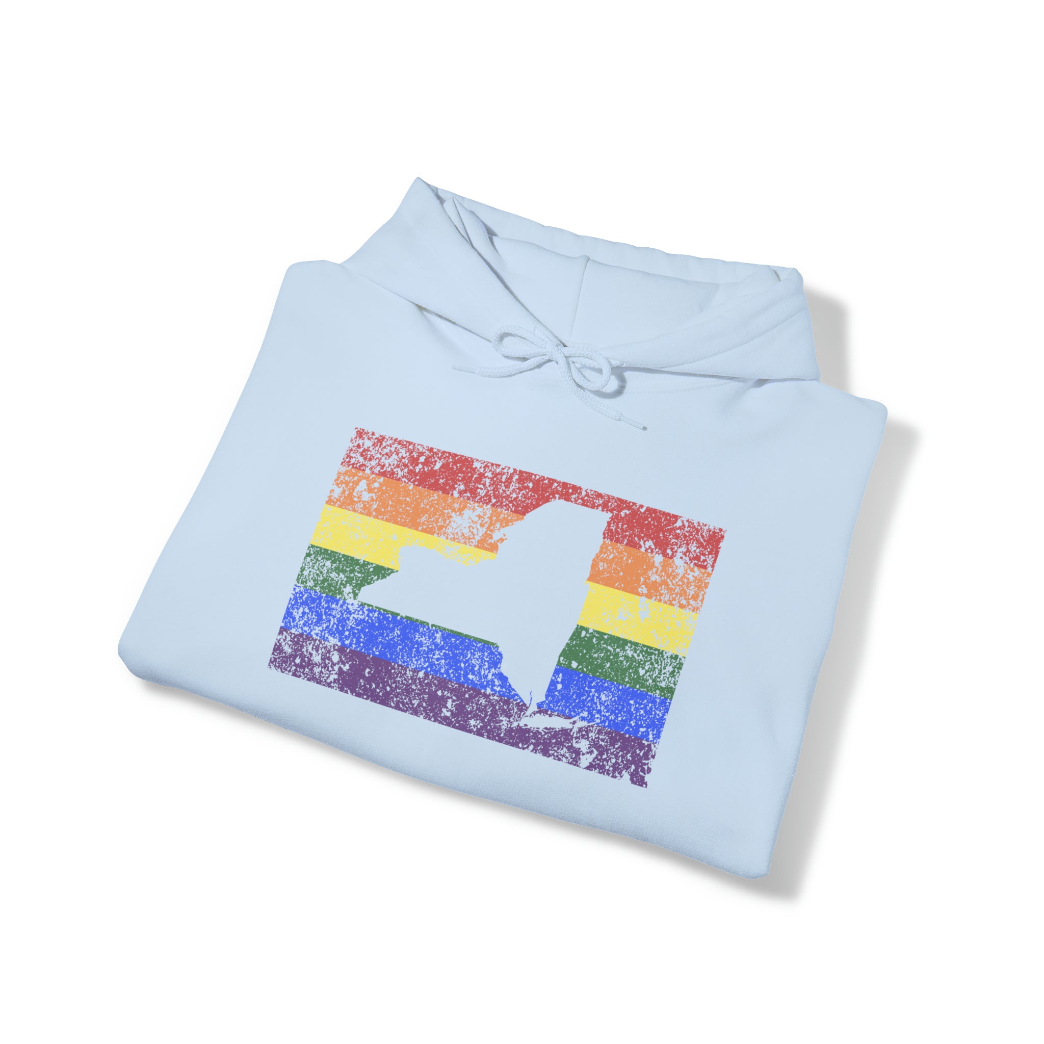New York Pride Flag Hoodie: Rainbow LGBTQ+ State Silhouette Distressed Hooded Sweatshirt