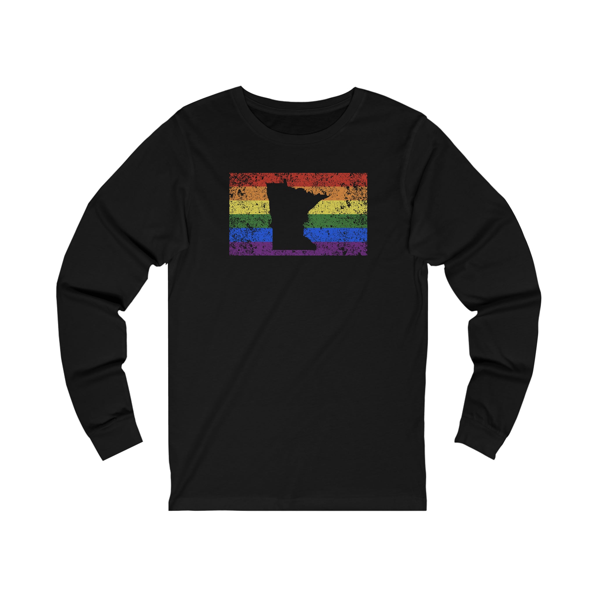Minnesota Pride Flag Long Sleeve Tee: Rainbow LGBTQ+ State Silhouette Distressed Long Sleeve T-Shirt