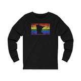 Minnesota Pride Flag Long Sleeve Tee: Rainbow LGBTQ+ State Silhouette Distressed Long Sleeve T-Shirt