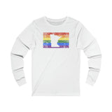 Minnesota Pride Flag Long Sleeve Tee: Rainbow LGBTQ+ State Silhouette Distressed Long Sleeve T-Shirt
