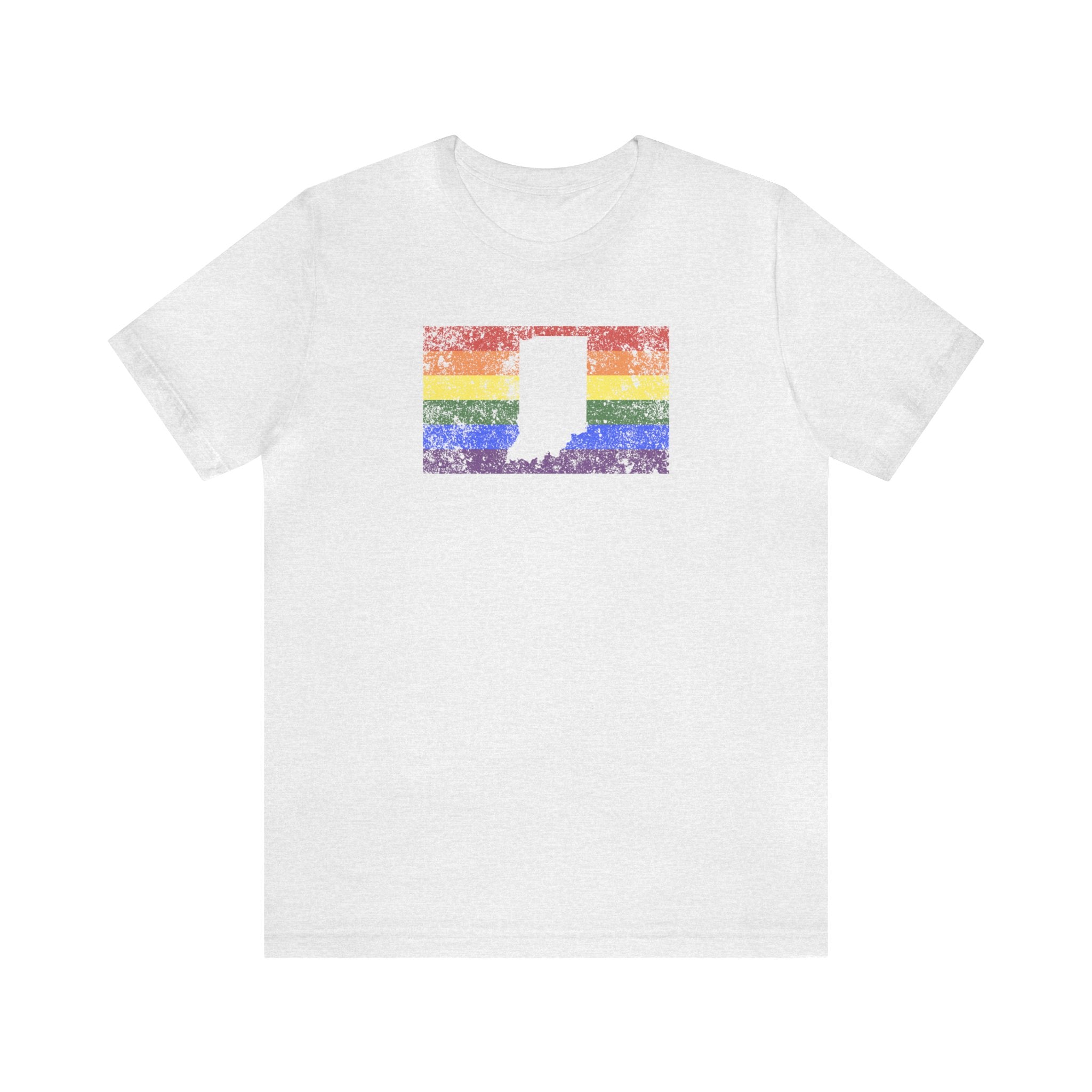 Indiana Pride Flag Tee: Rainbow LGBTQ+ State Silhouette Distressed Shirt