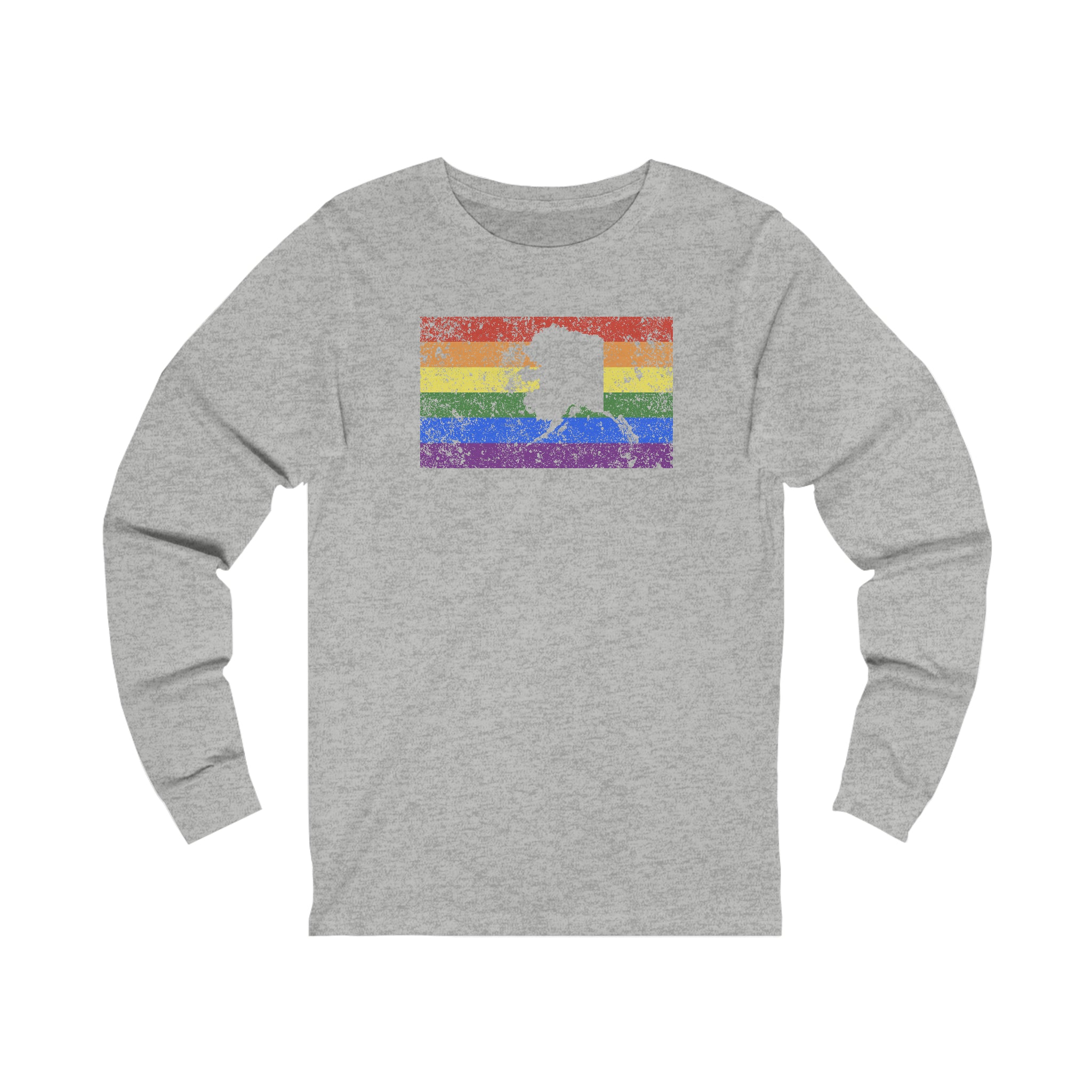 Alaska Pride Flag Long Sleeve Tee: Rainbow LGBTQ+ State Silhouette Distressed Long Sleeve T-Shirt