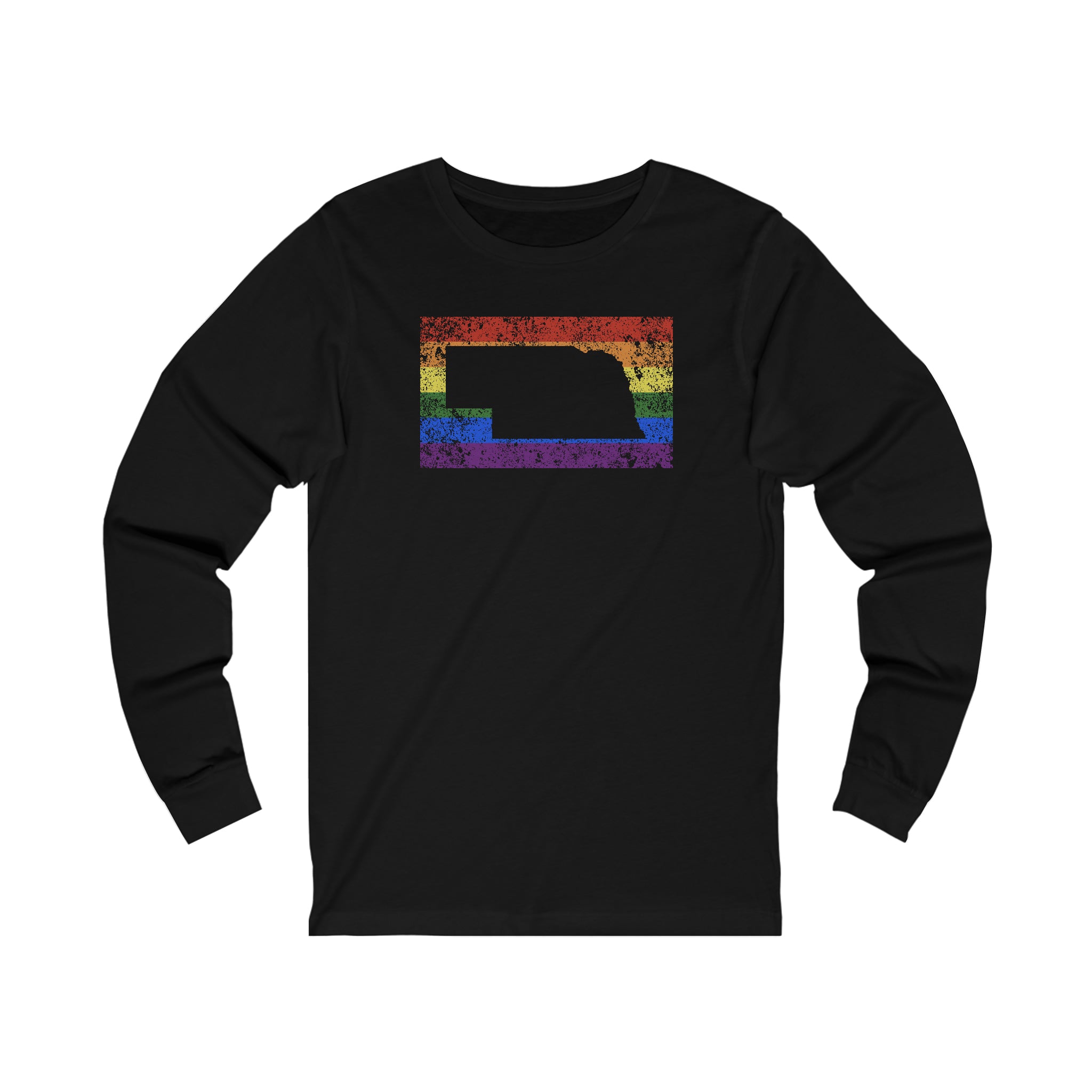 Nebraska Pride Flag Long Sleeve Tee: Rainbow LGBTQ+ State Silhouette Distressed Long Sleeve T-Shirt