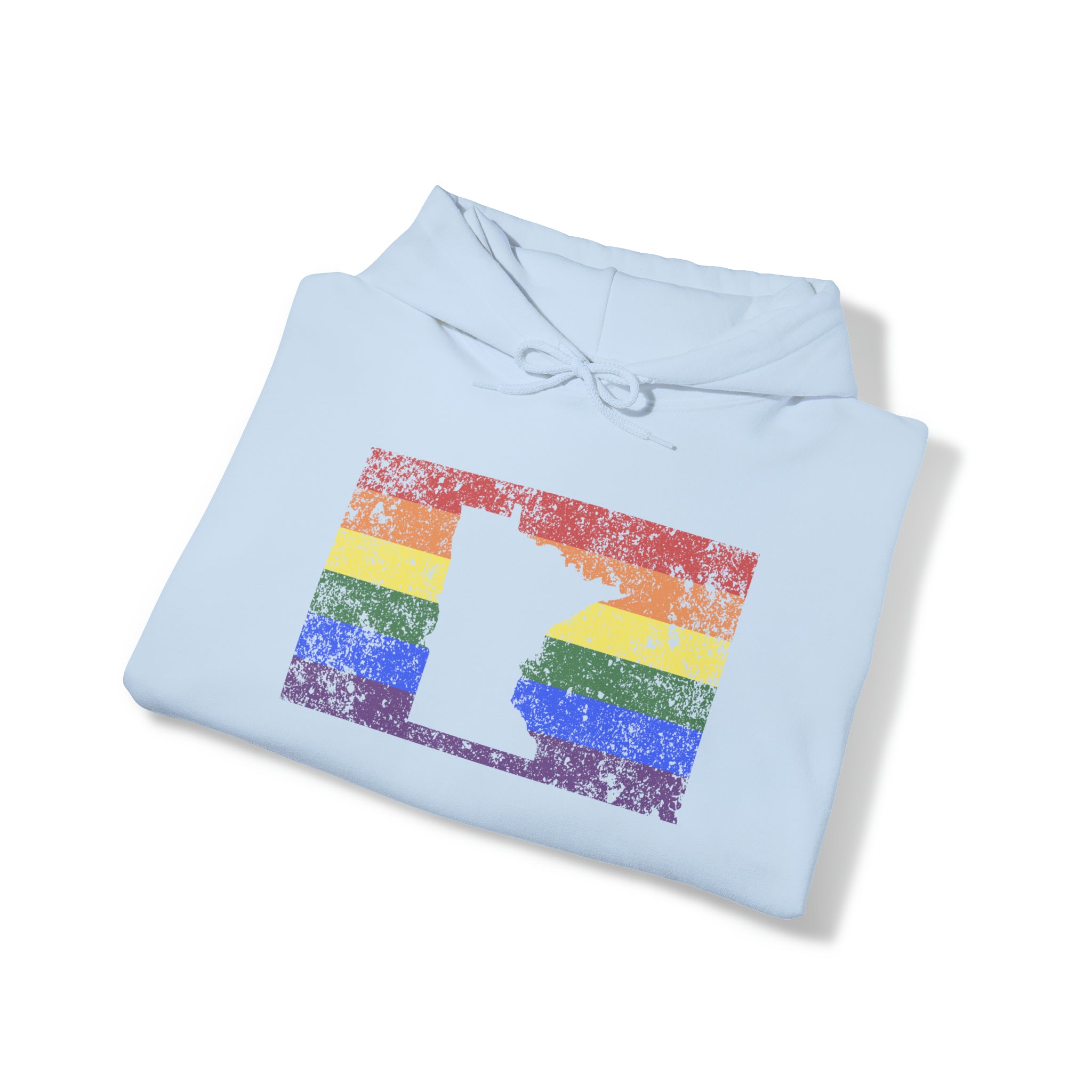 Minnesota Pride Flag Hoodie: Rainbow LGBTQ+ State Silhouette Distressed Hooded Sweatshirt