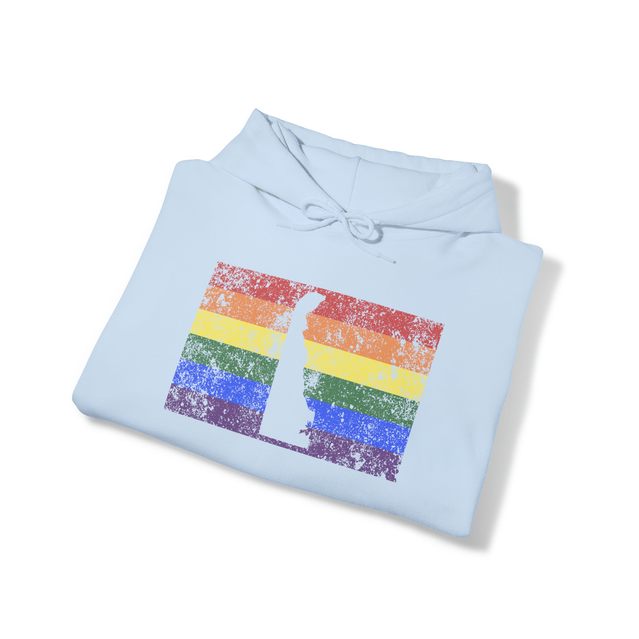 Delaware Pride Flag Hoodie: Rainbow LGBTQ+ State Silhouette Distressed Hooded Sweatshirt