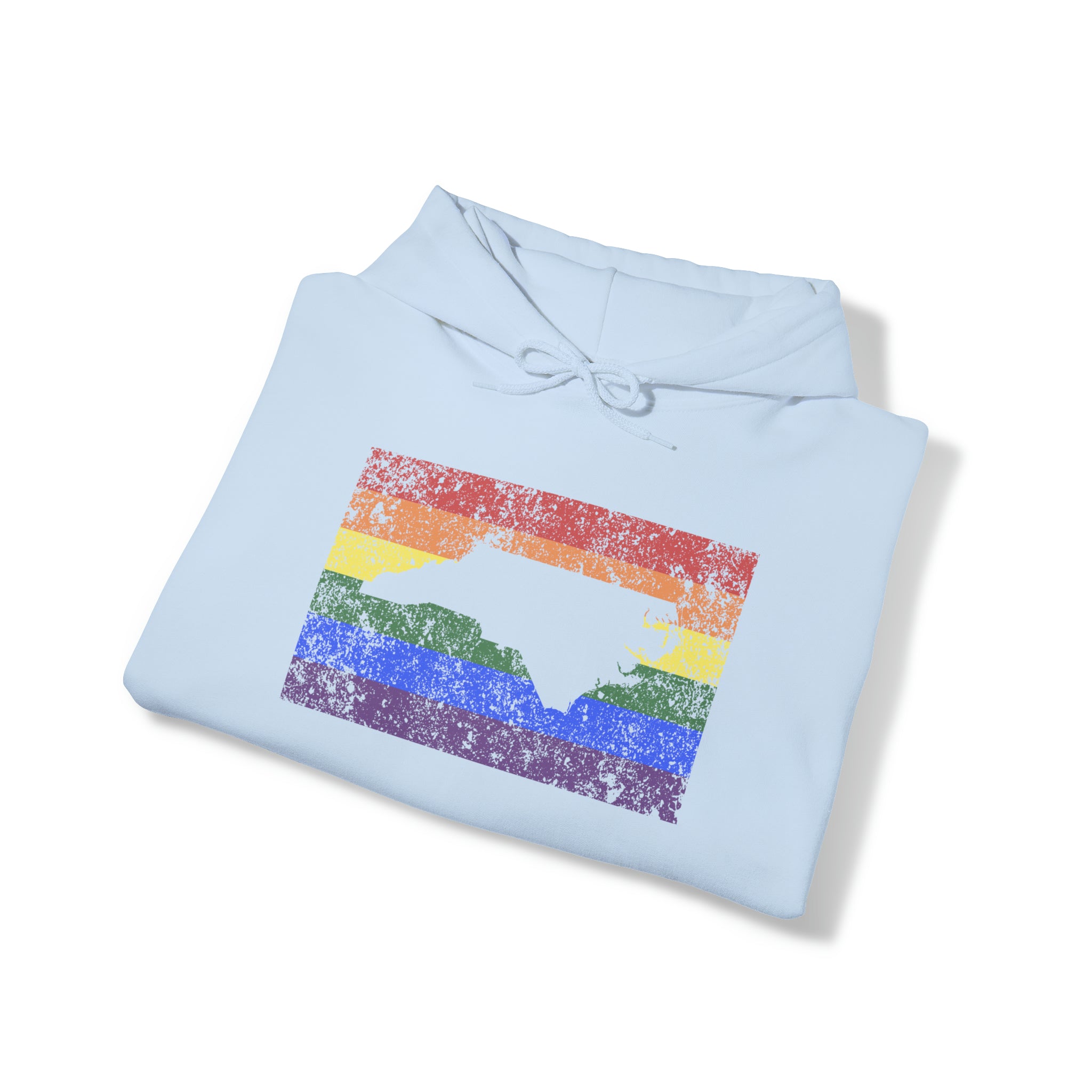 North Carolina Pride Flag Hoodie: Rainbow LGBTQ+ State Silhouette Distressed Hooded Sweatshirt
