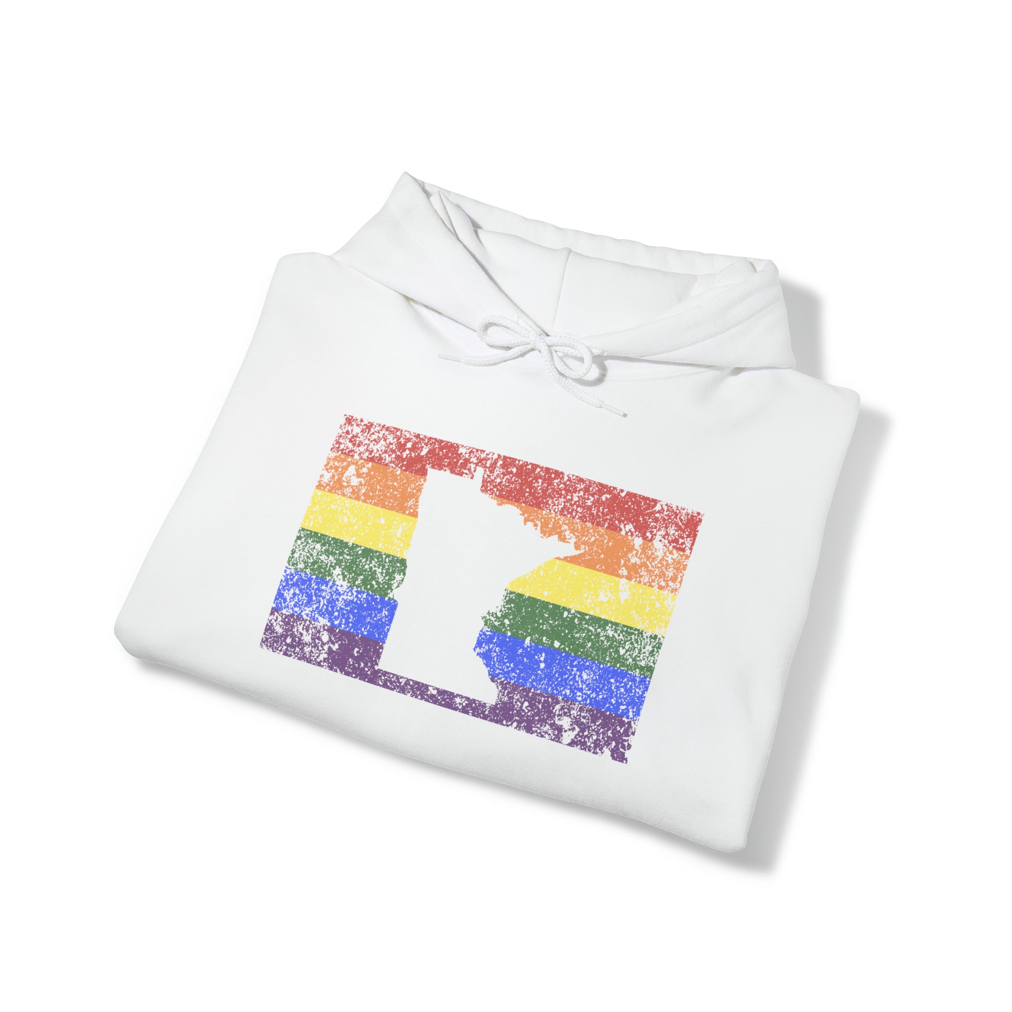 Minnesota Pride Flag Hoodie: Rainbow LGBTQ+ State Silhouette Distressed Hooded Sweatshirt