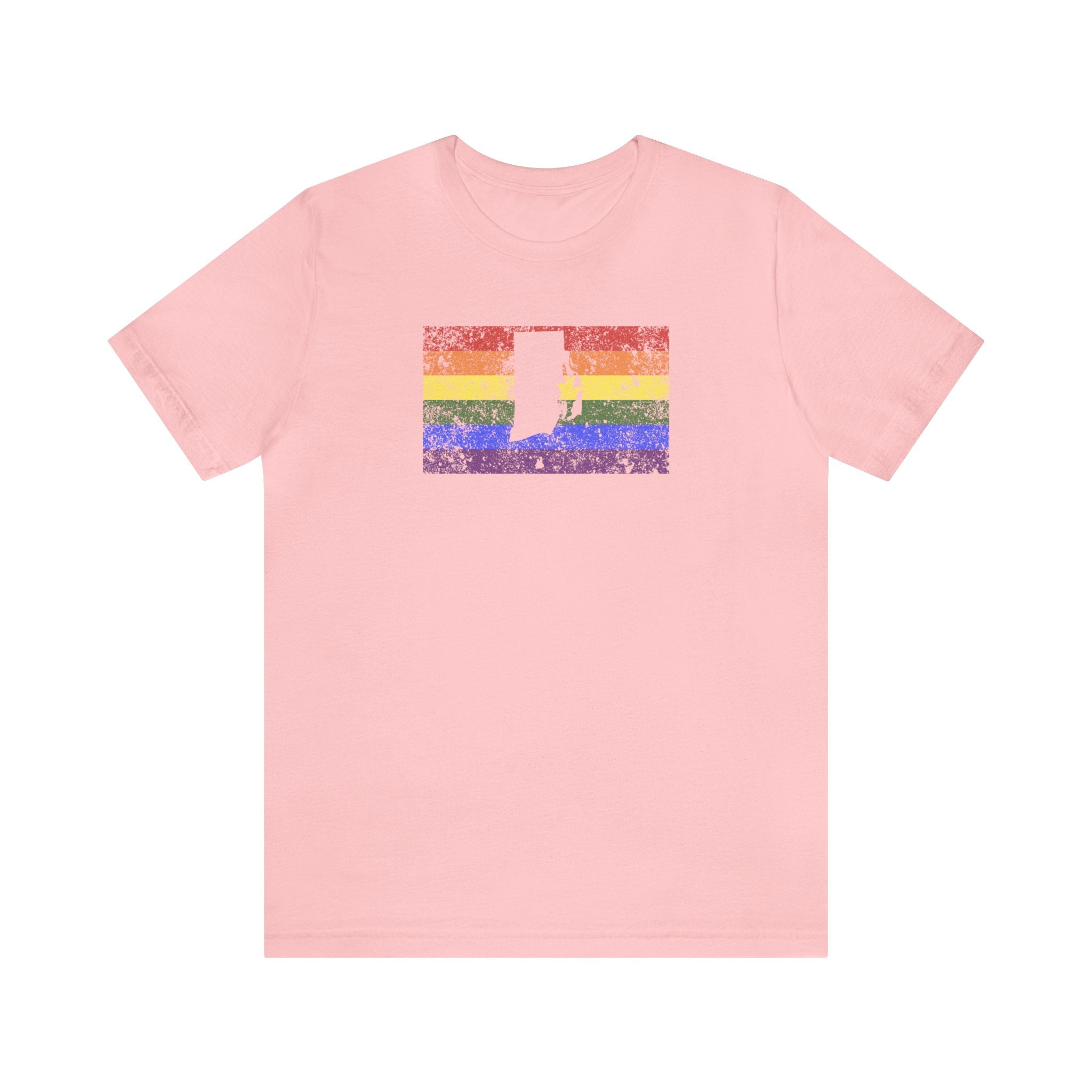Rhode Island Pride Flag Tee: Rainbow LGBTQ+ State Silhouette Distressed Shirt