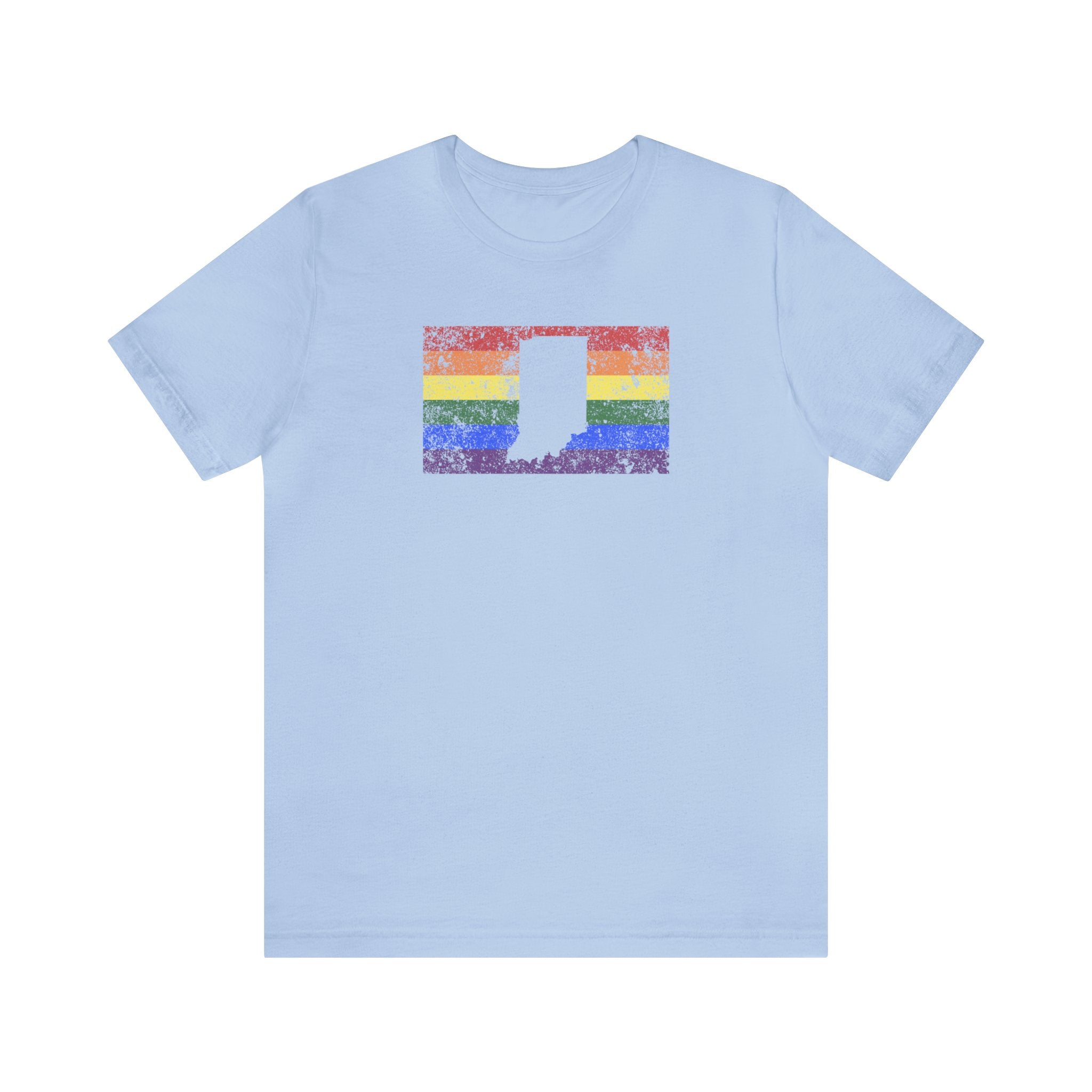 Indiana Pride Flag Tee: Rainbow LGBTQ+ State Silhouette Distressed Shirt