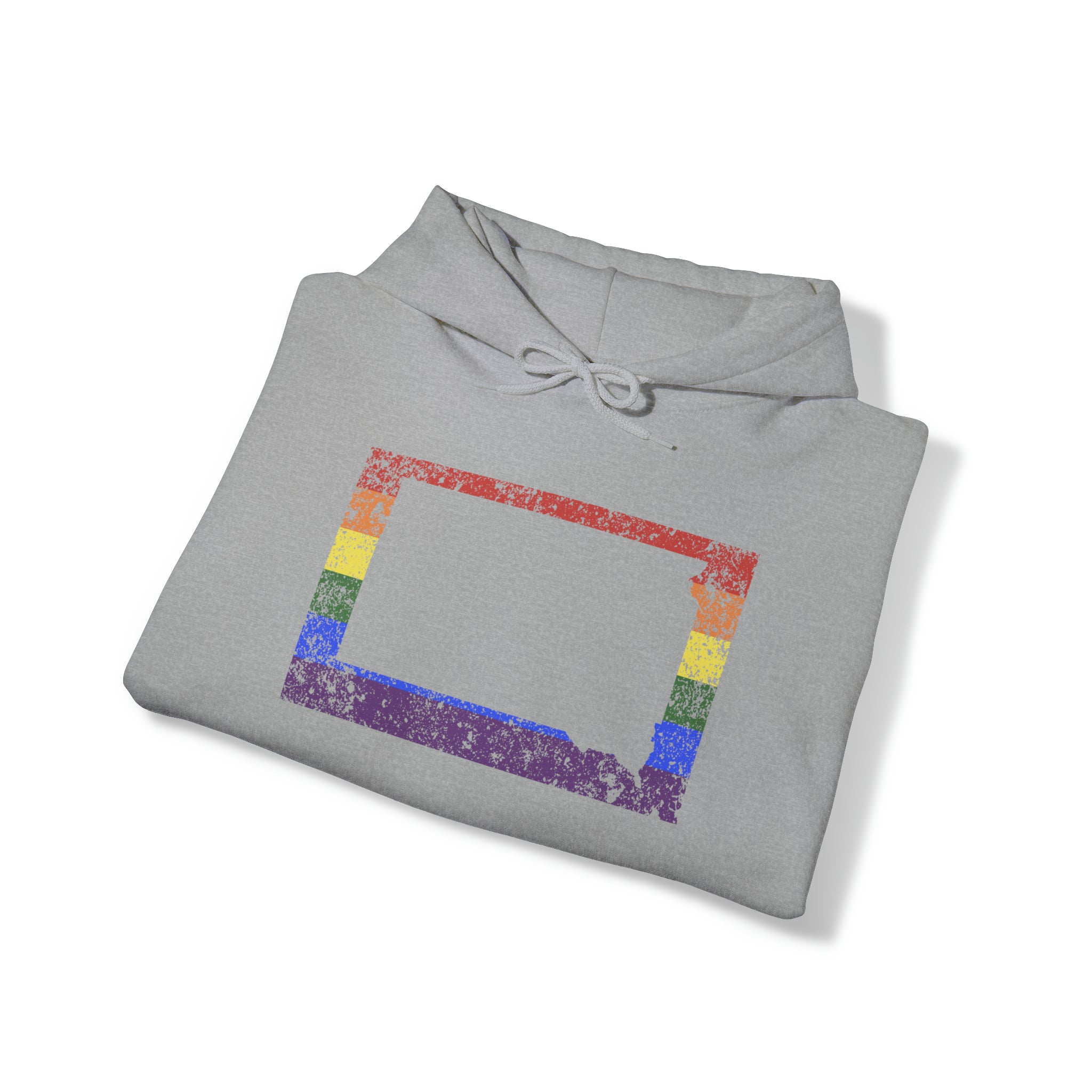 South Dakota Pride Flag Hoodie: Rainbow LGBTQ+ State Silhouette Distressed Hooded Sweatshirt