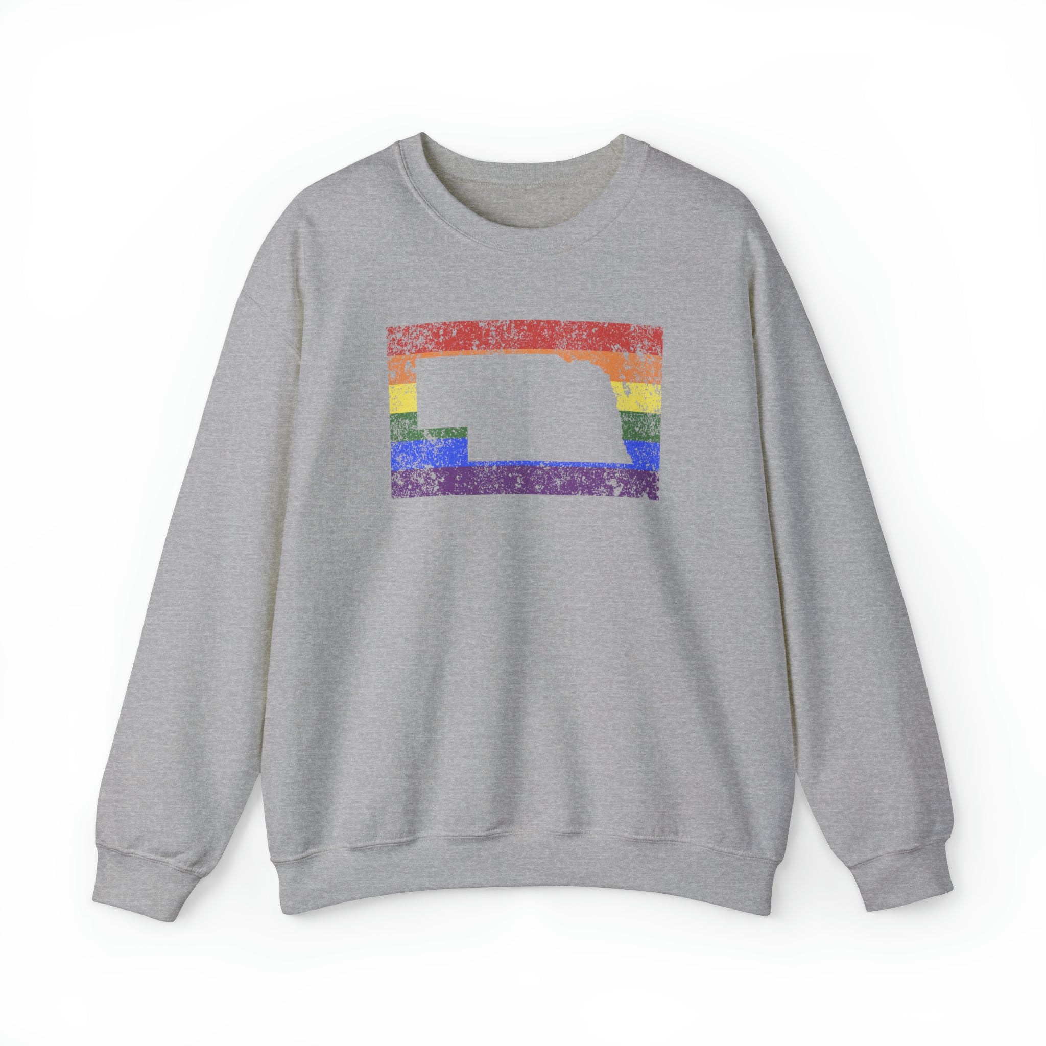 Nebraska Pride Flag Sweater: Rainbow LGBTQ+ State Silhouette Distressed Sweatshirt