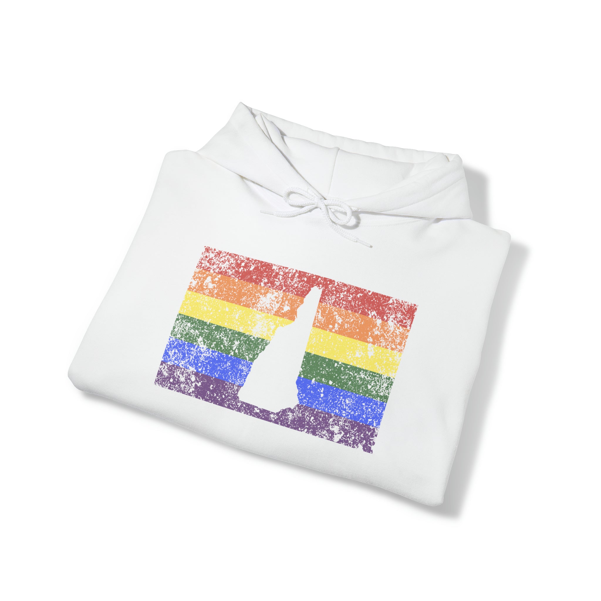 New Hampshire Pride Flag Hoodie: Rainbow LGBTQ+ State Silhouette Distressed Hooded Sweatshirt